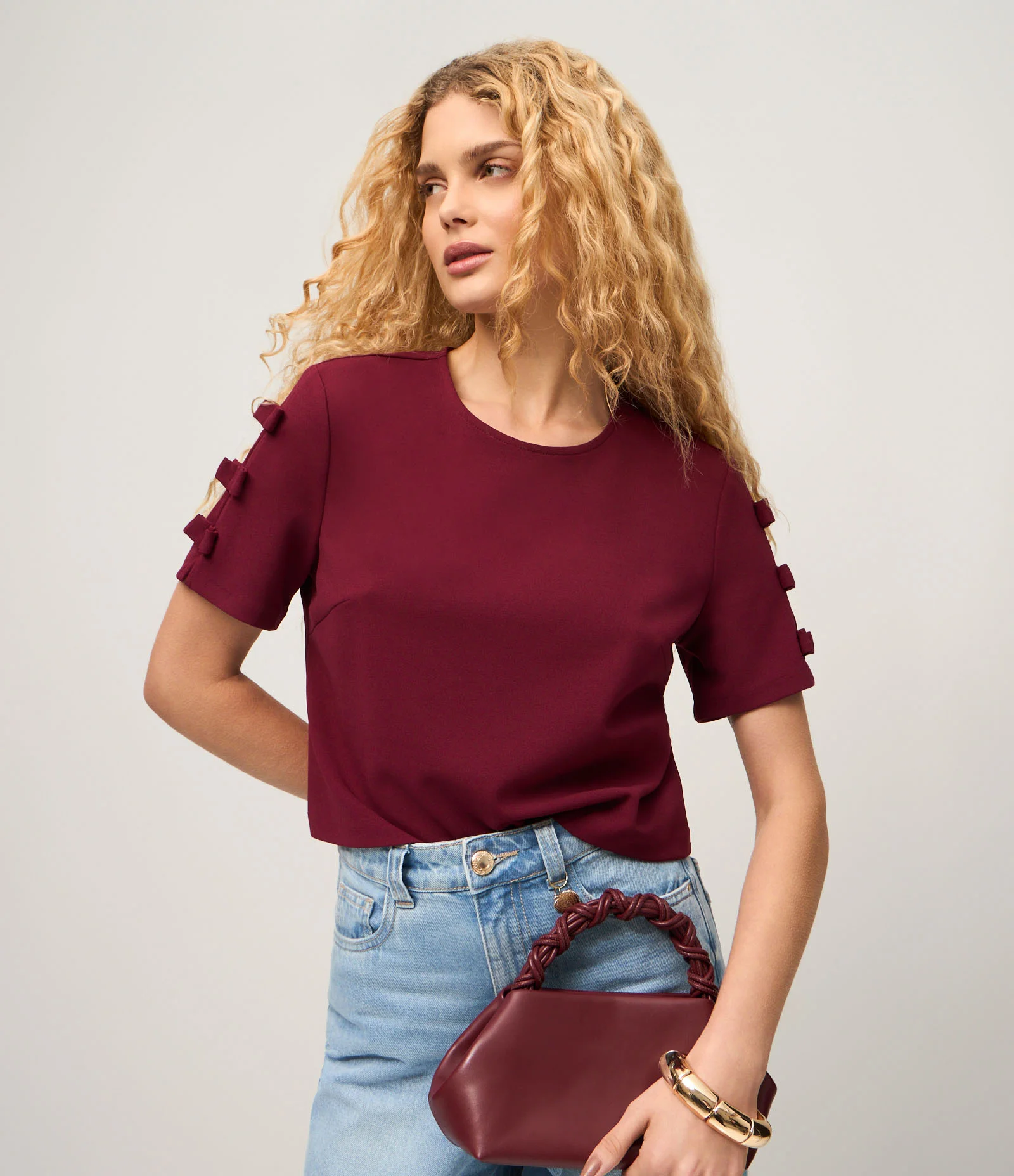 Blusa em Crepe com Lacinhos na Manga Bordô 2