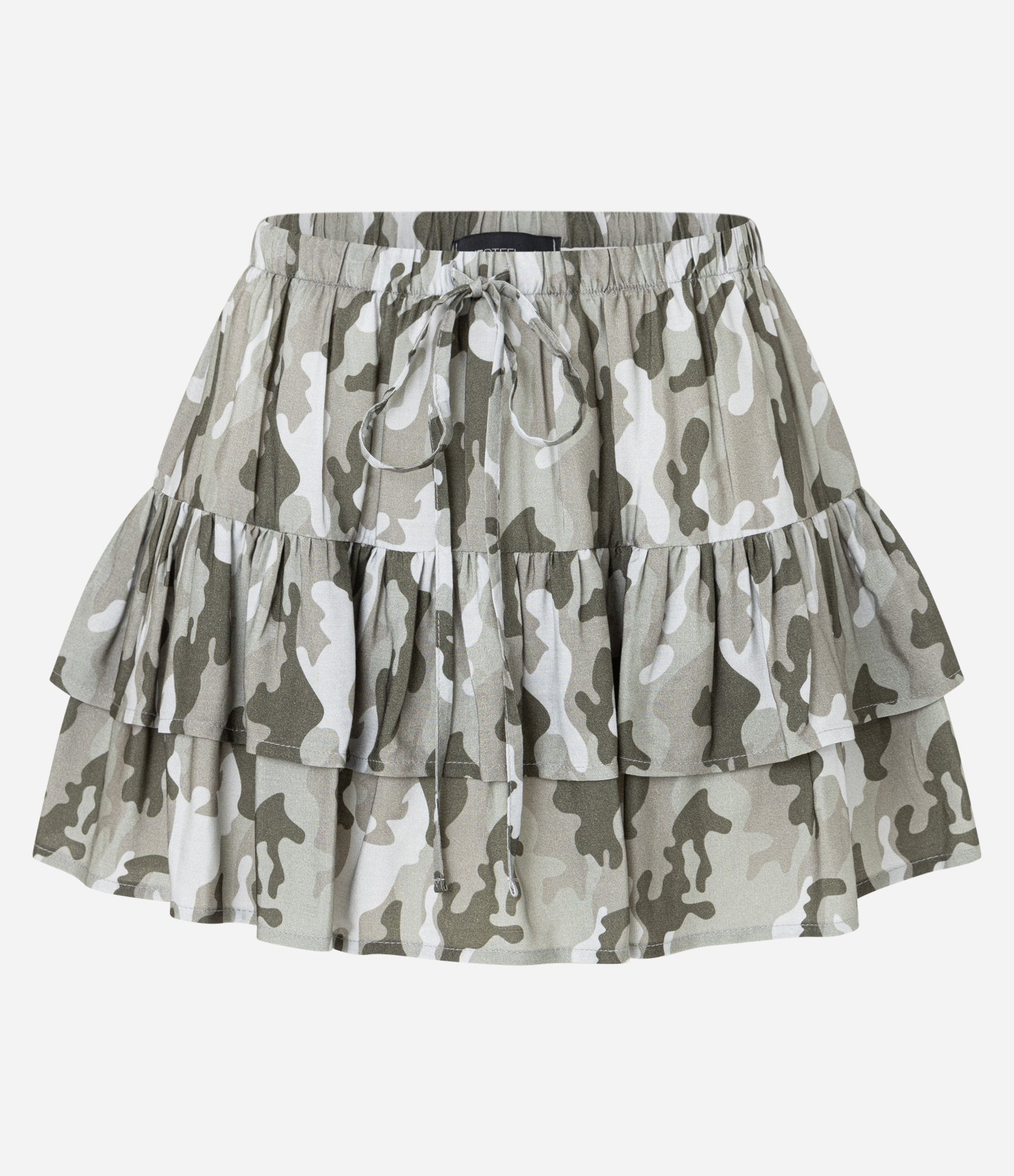Short Saia Mini em Viscose com Estampa Camuflada e Babados Cinza 6