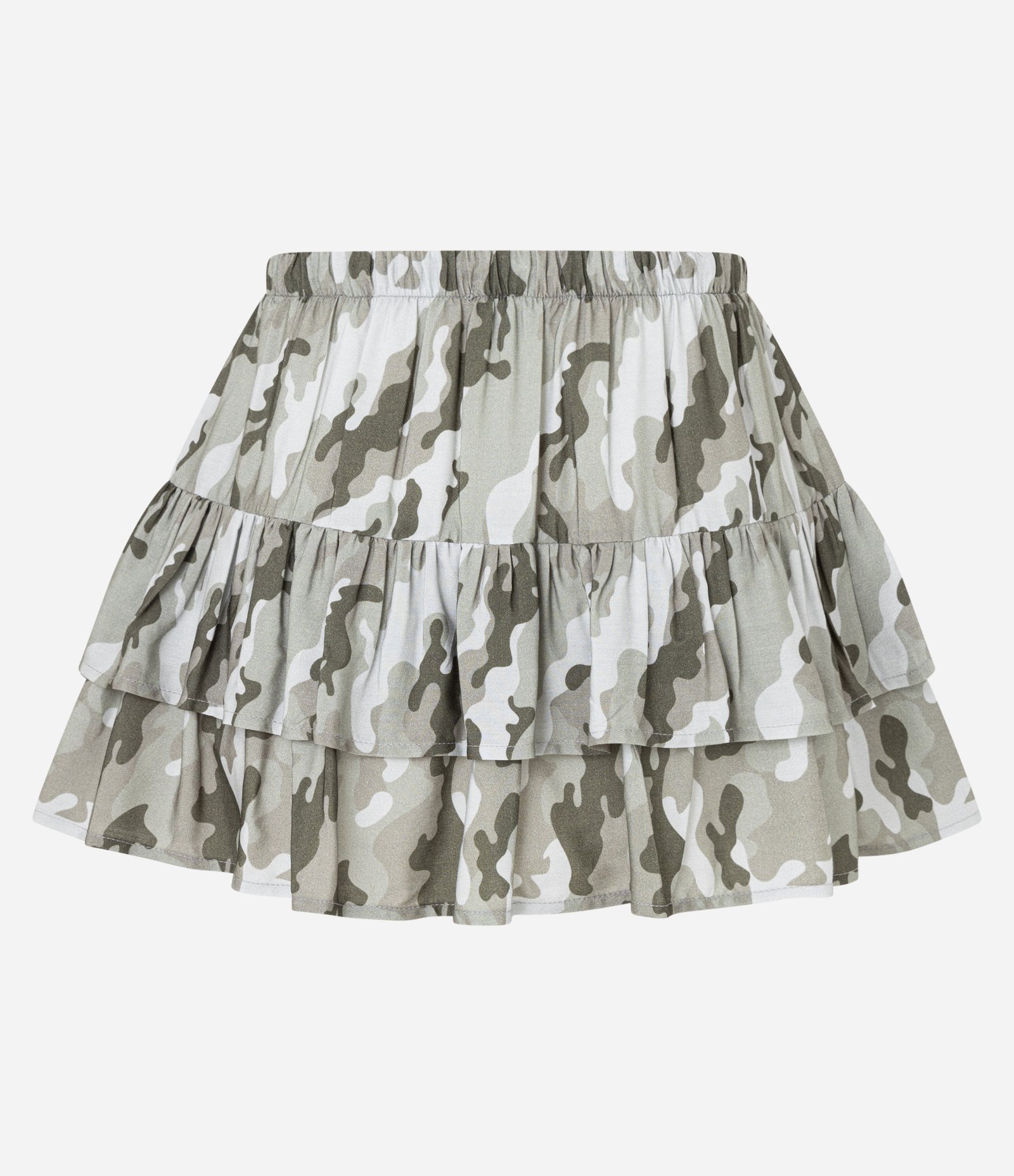 Short Saia Mini em Viscose com Estampa Camuflada e Babados Cinza 7