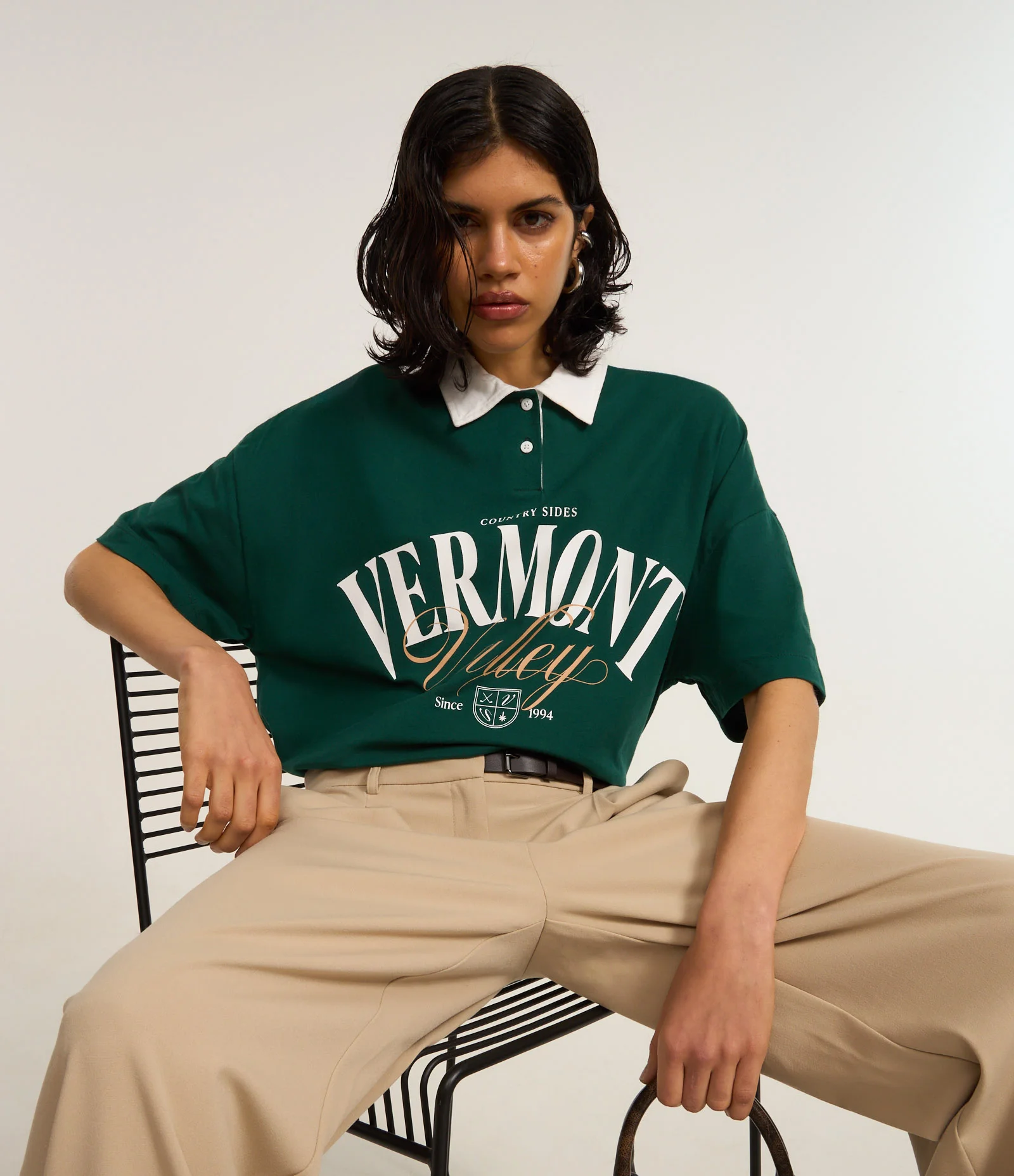 Camisa Polo Over em Algodão com Estampa Lettering Vermont Verde 1