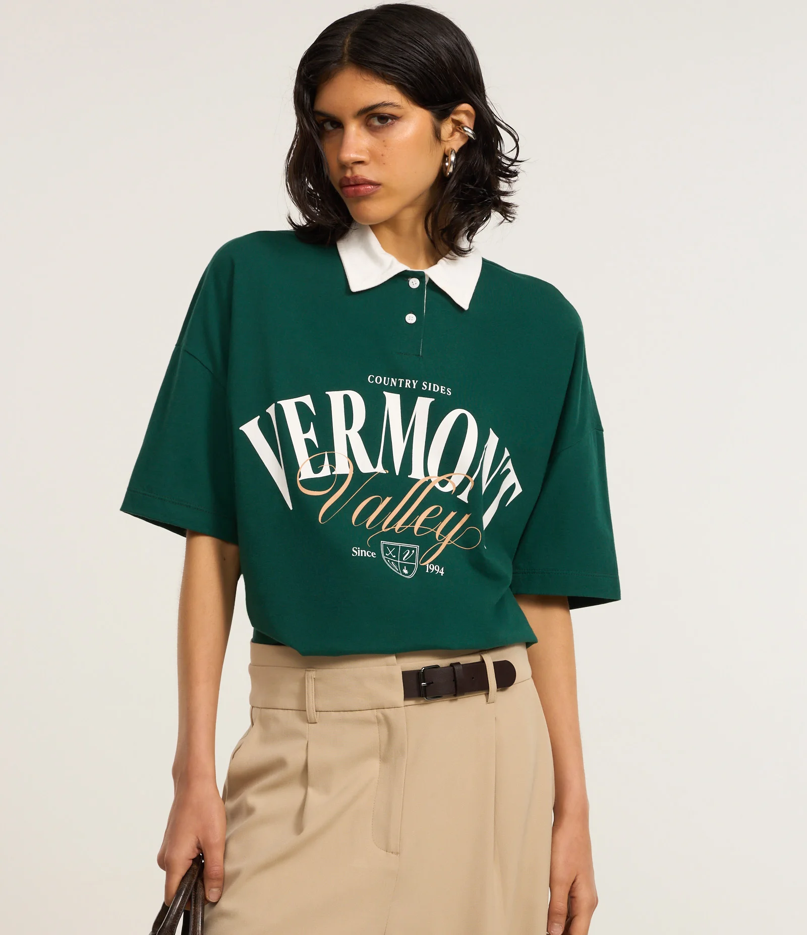 Camisa Polo Over em Algodão com Estampa Lettering Vermont Verde 2