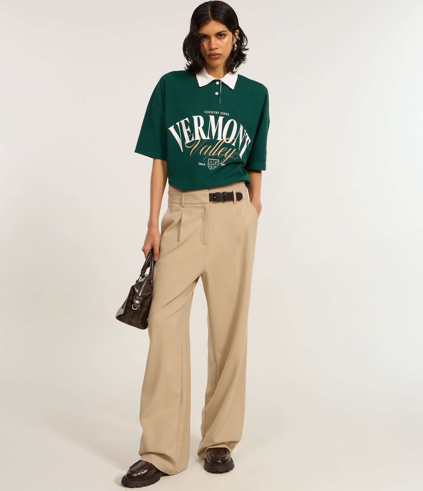 Camisa Polo Over em Algodão com Estampa Lettering Vermont Verde 3