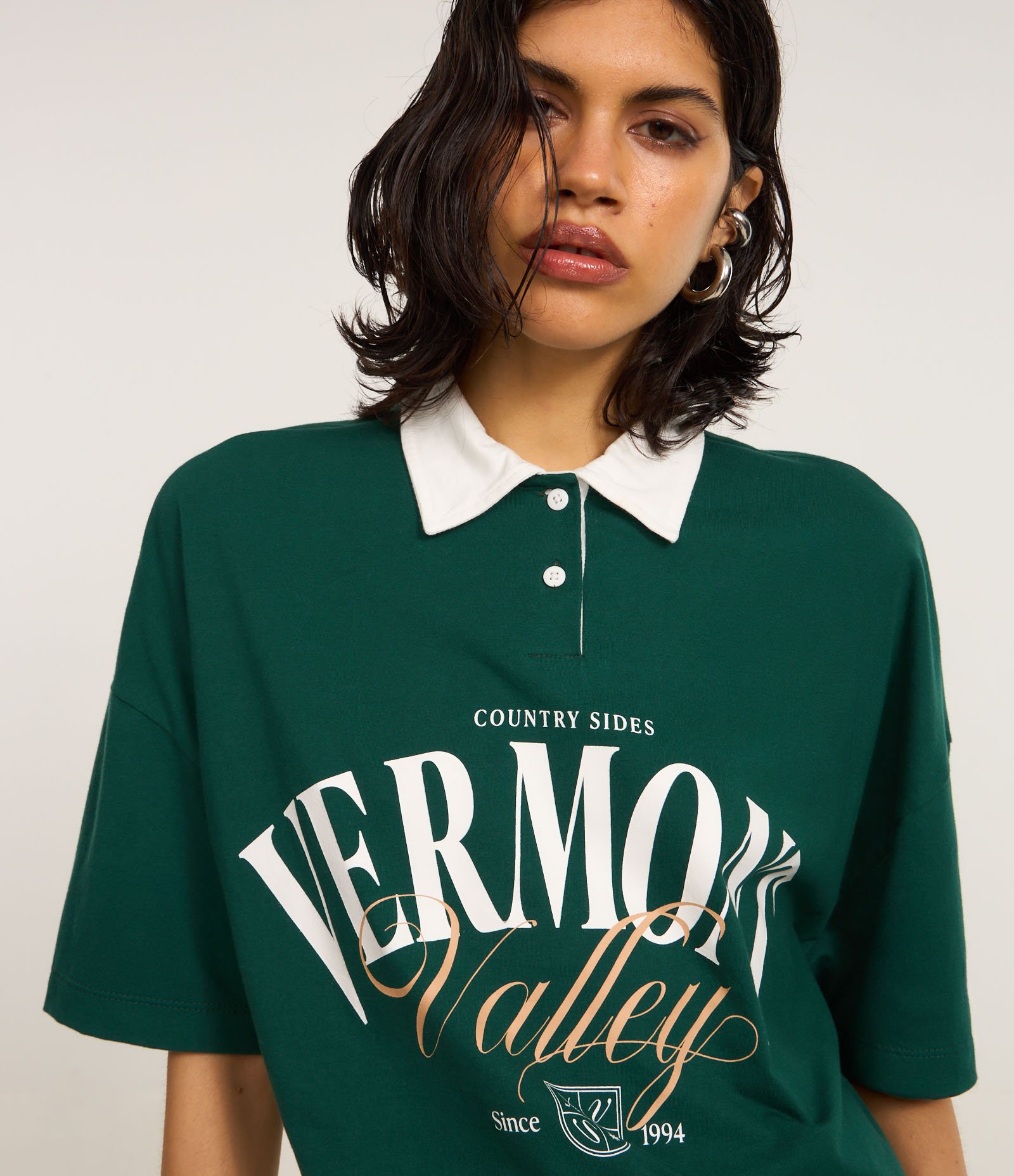 Camisa Polo Over em Algodão com Estampa Lettering Vermont Verde 4