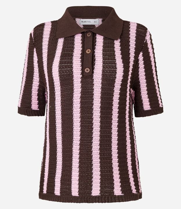 Blusa em Tricô com Gola Polo e Listras Verticais