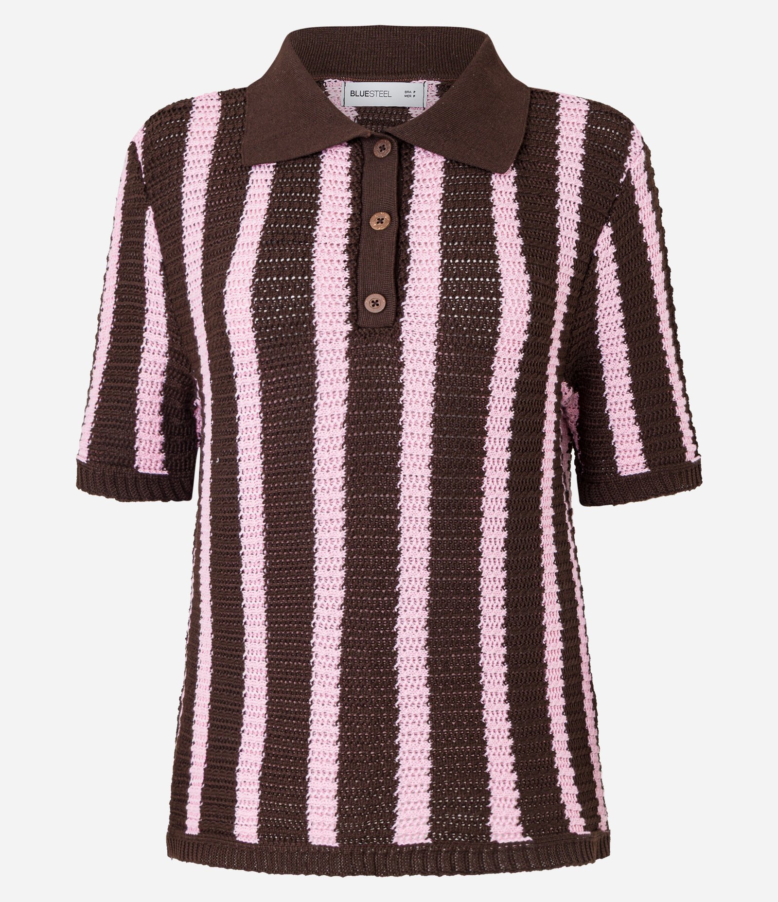 Blusa em Tricô com Gola Polo e Listras Verticais Marrom/Rosa 5