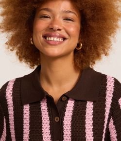 Blusa em Tricô com Gola Polo e Listras Verticais