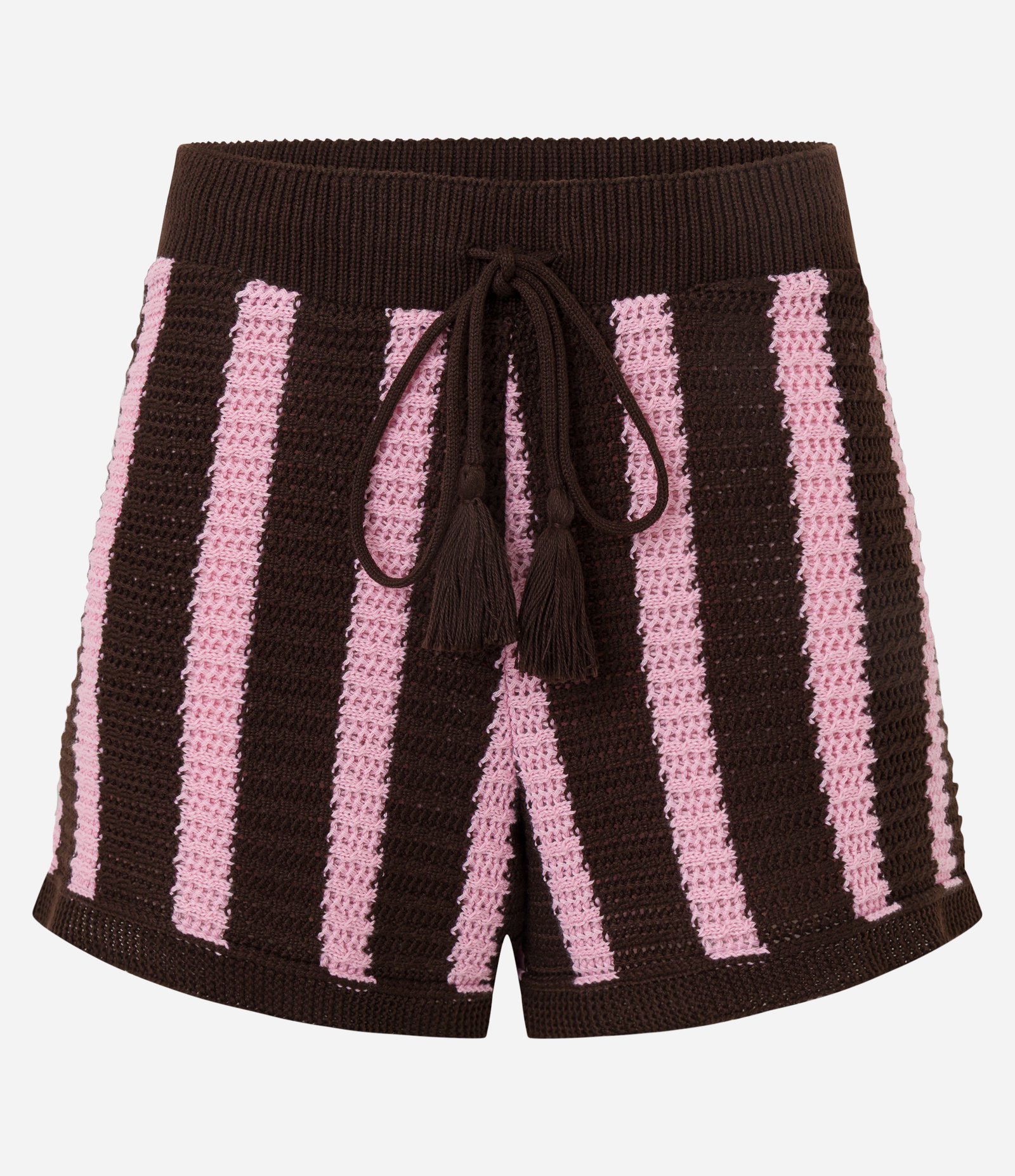 Short Cintura Alta em Tricô com Listras e Amarração Marrom/Rosa 5
