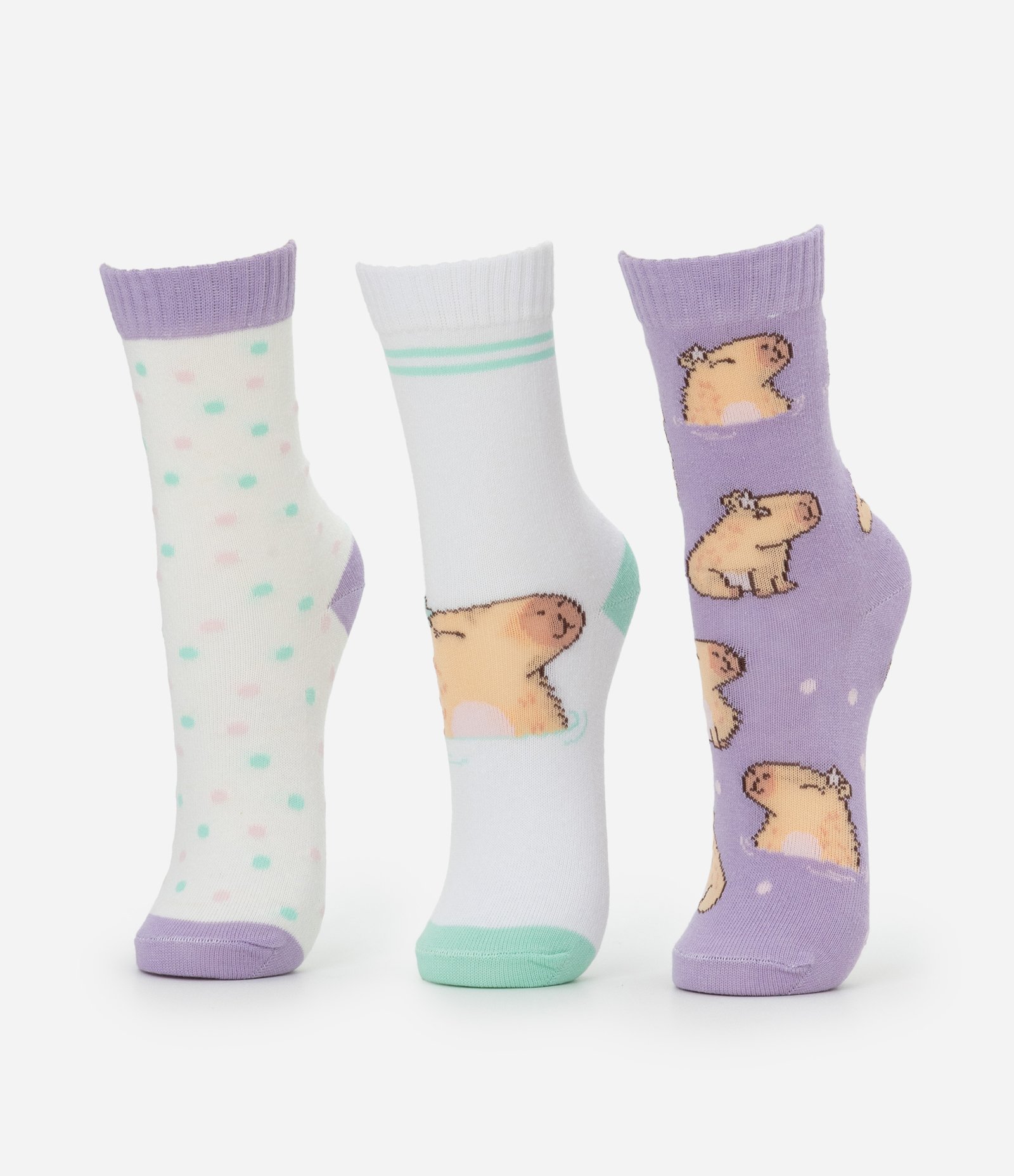 Kit 03 Meias Infantis Cano Médio Estampa Capivara - Tam 23 ao 34 Lilás/Branco 1