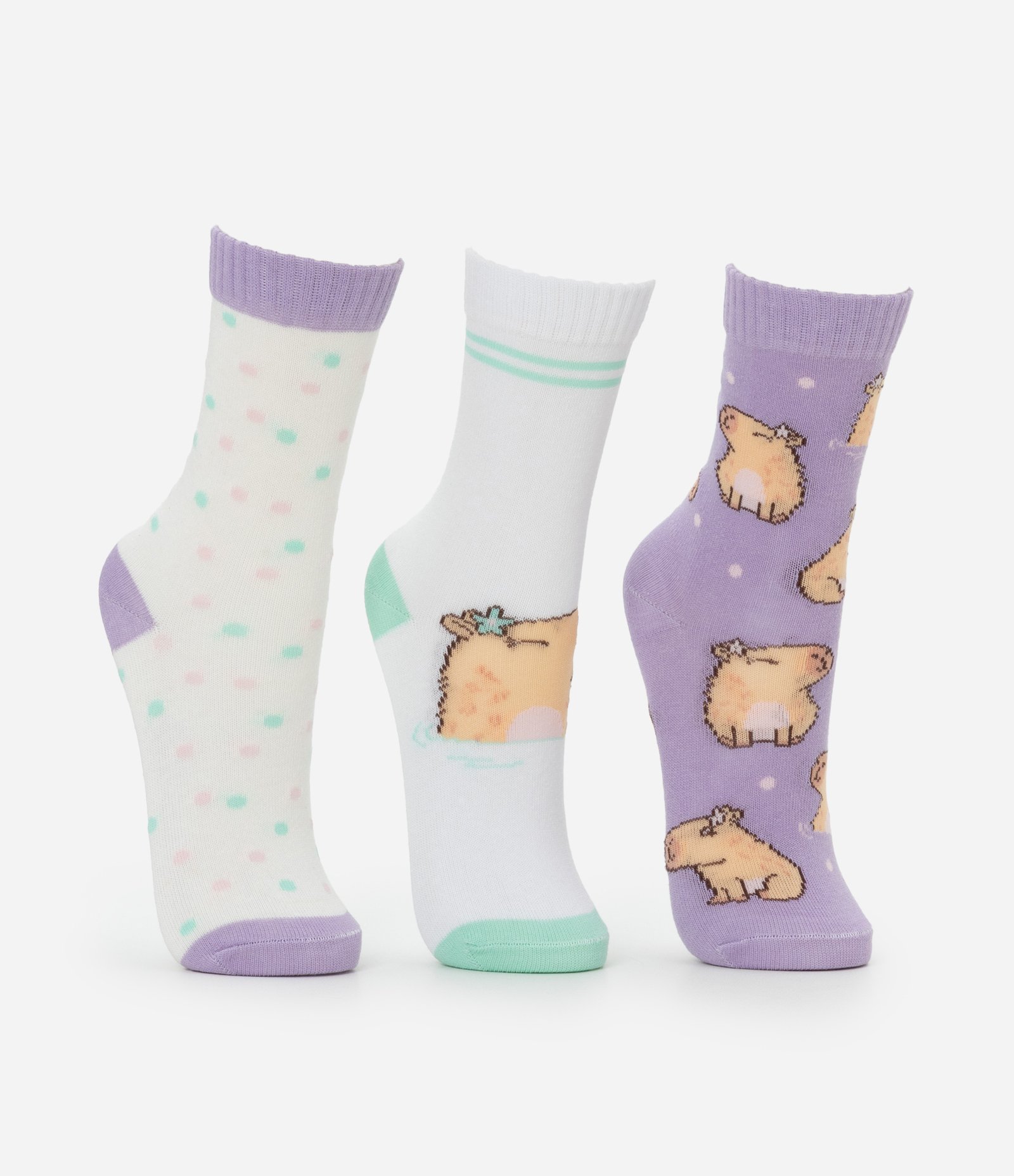 Kit 03 Meias Infantis Cano Médio Estampa Capivara - Tam 23 ao 34 Lilás/Branco 2