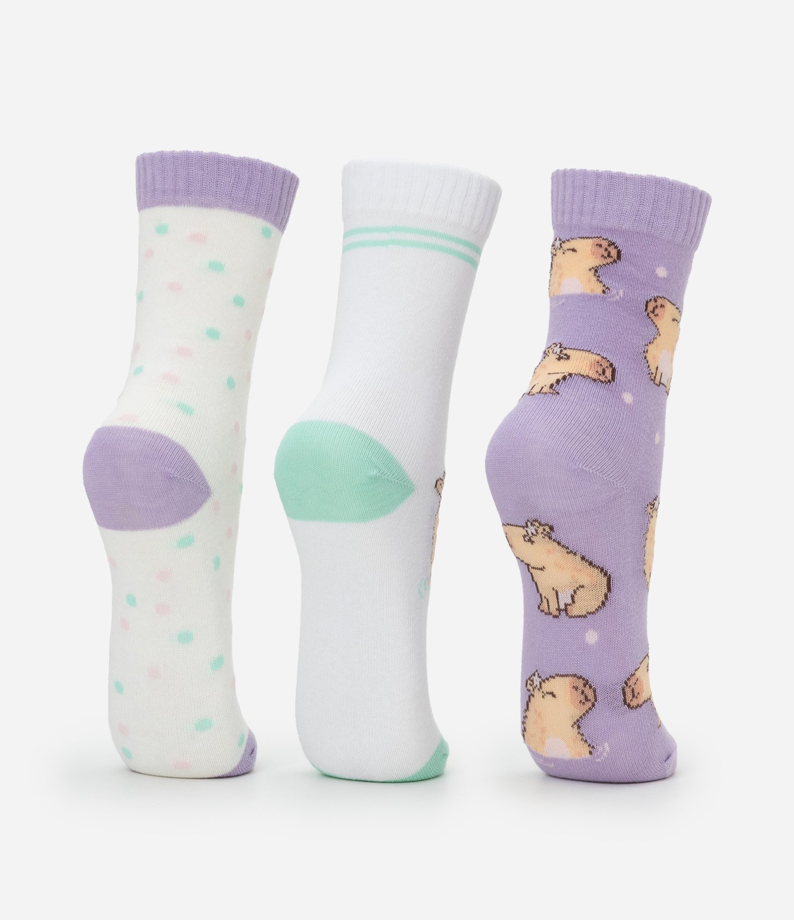 Kit 03 Meias Infantis Cano Médio Estampa Capivara - Tam 23 ao 34 Lilás/Branco 3