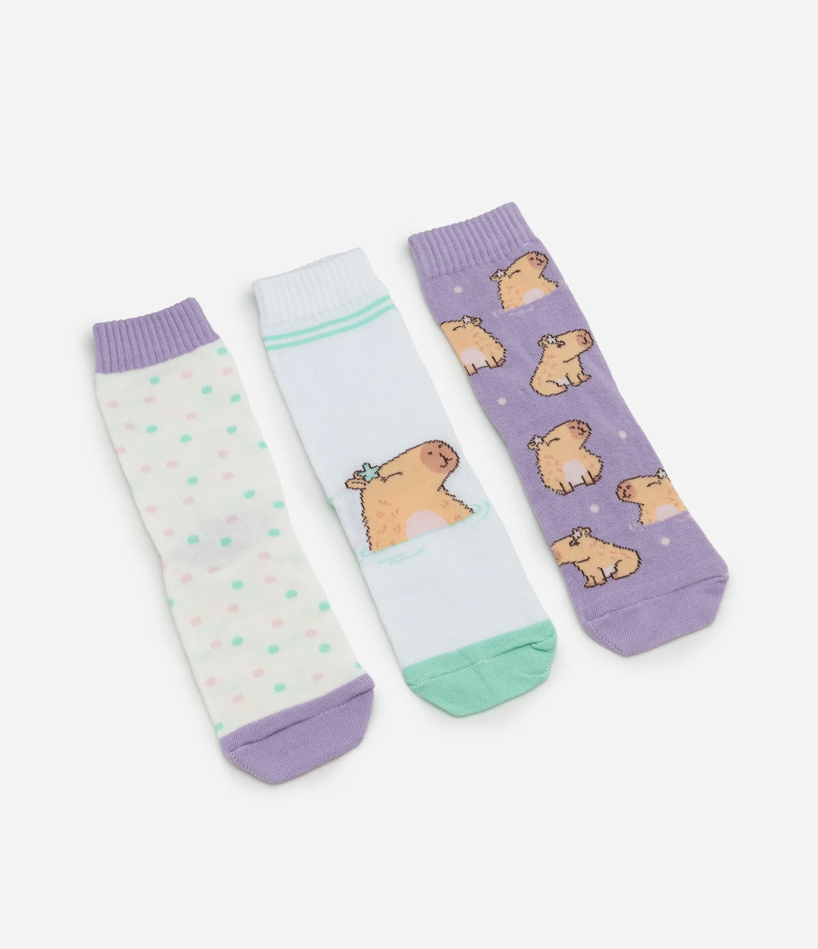 Kit 03 Meias Infantis Cano Médio Estampa Capivara - Tam 23 ao 34 Lilás/Branco 4