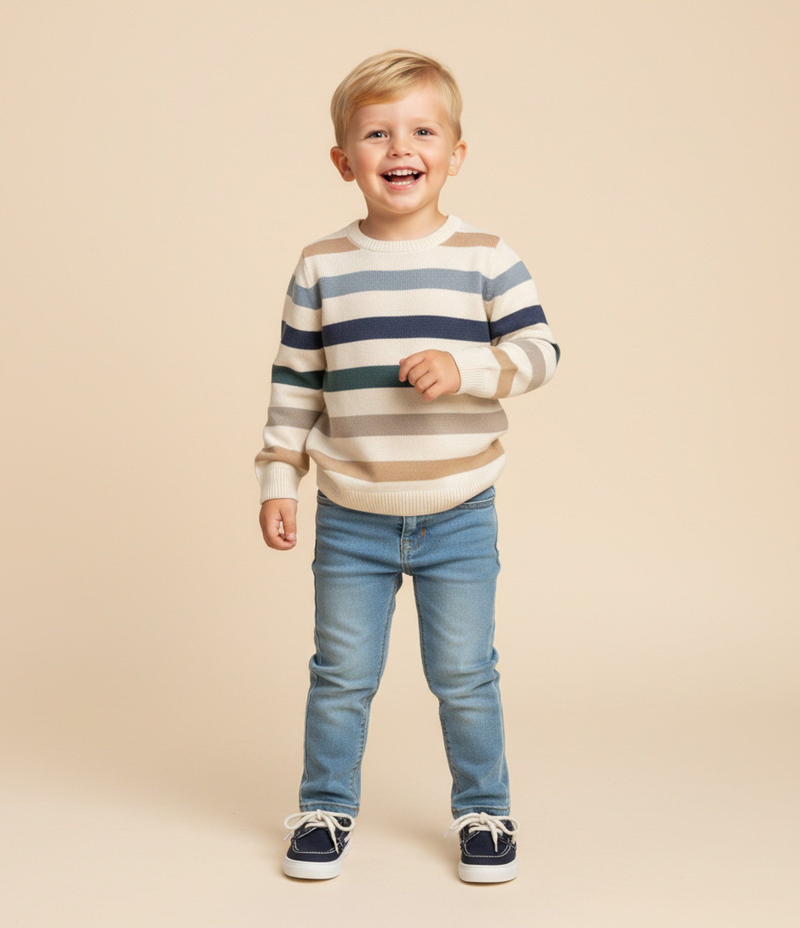 Casaco Infantil em Tricô com Listras Largas Coloridas – Tam 1 a 5/6 Anos Bege 1