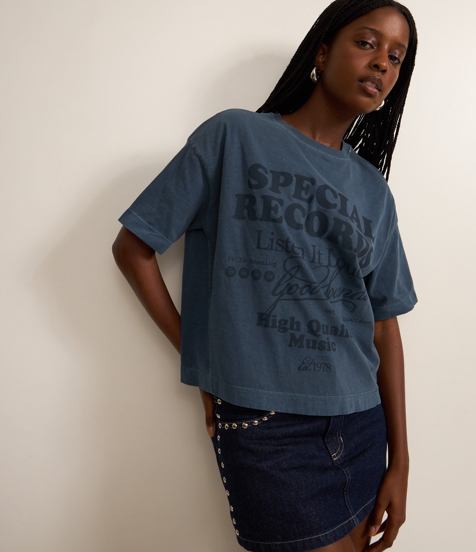 Camiseta Over em Cotton com Estampa Lettering Special Records Azul 1