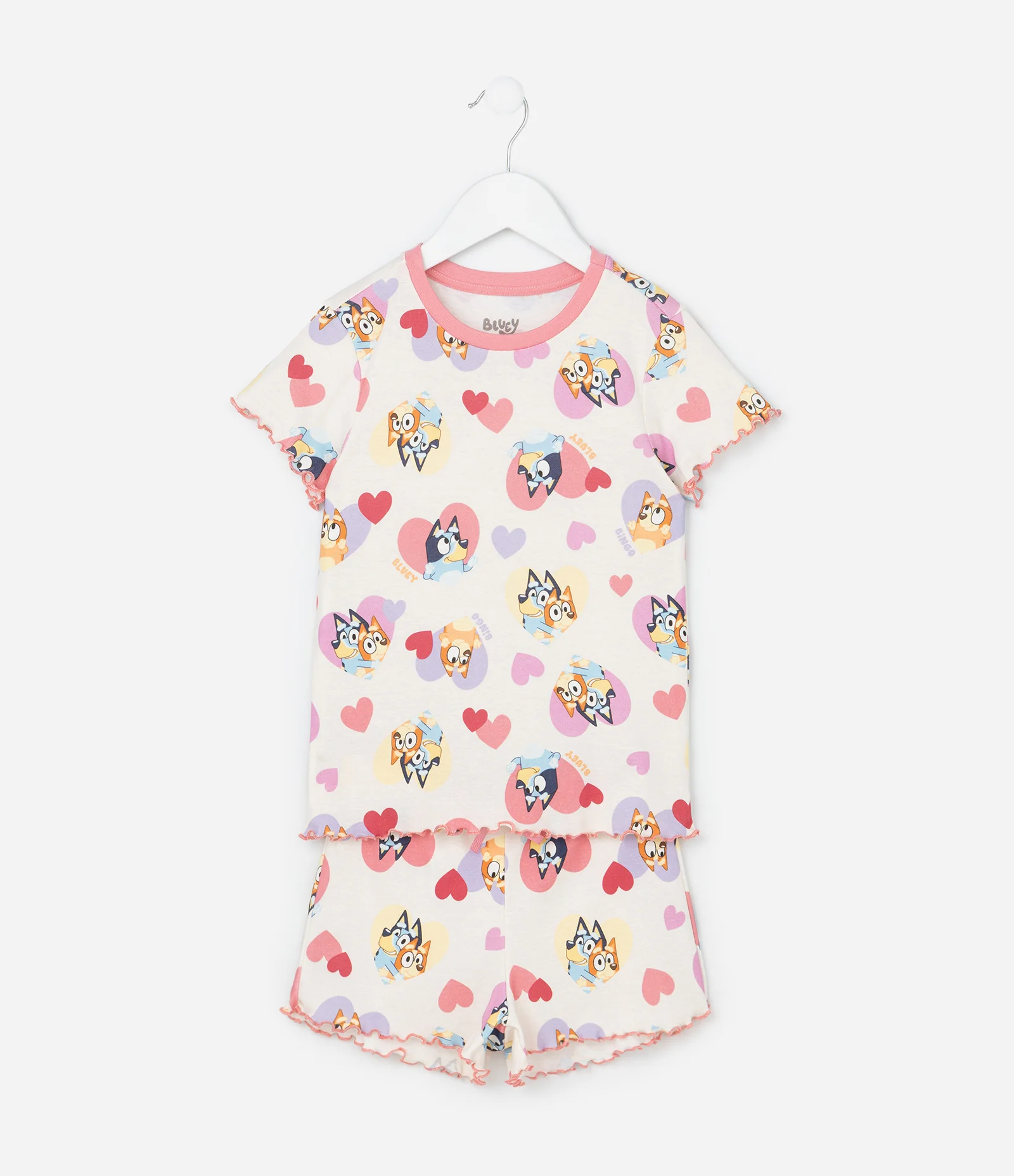 Pijama Infantil com Estampa Bluey e Bingo com Corações - Tam 3 a 8 Anos Off White 1