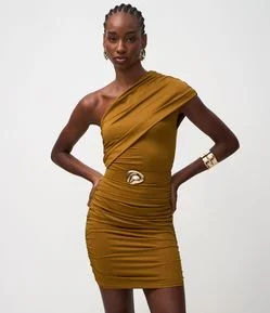 Vestido Curto em Microfibra com Decote Ombro Só e Cinto