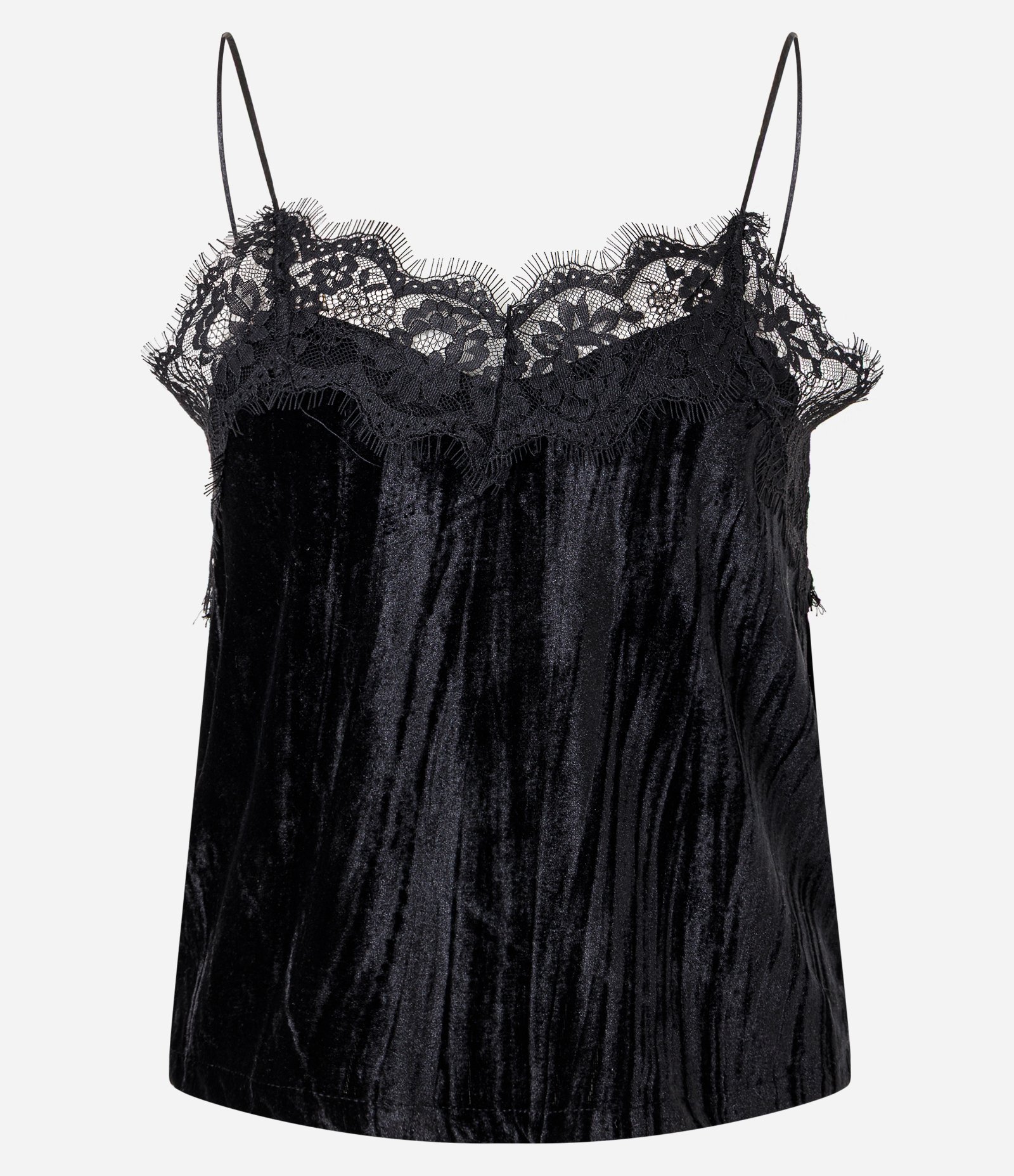 Blusa de Veludo com Alças Finas e Decote Rendado Preto 4