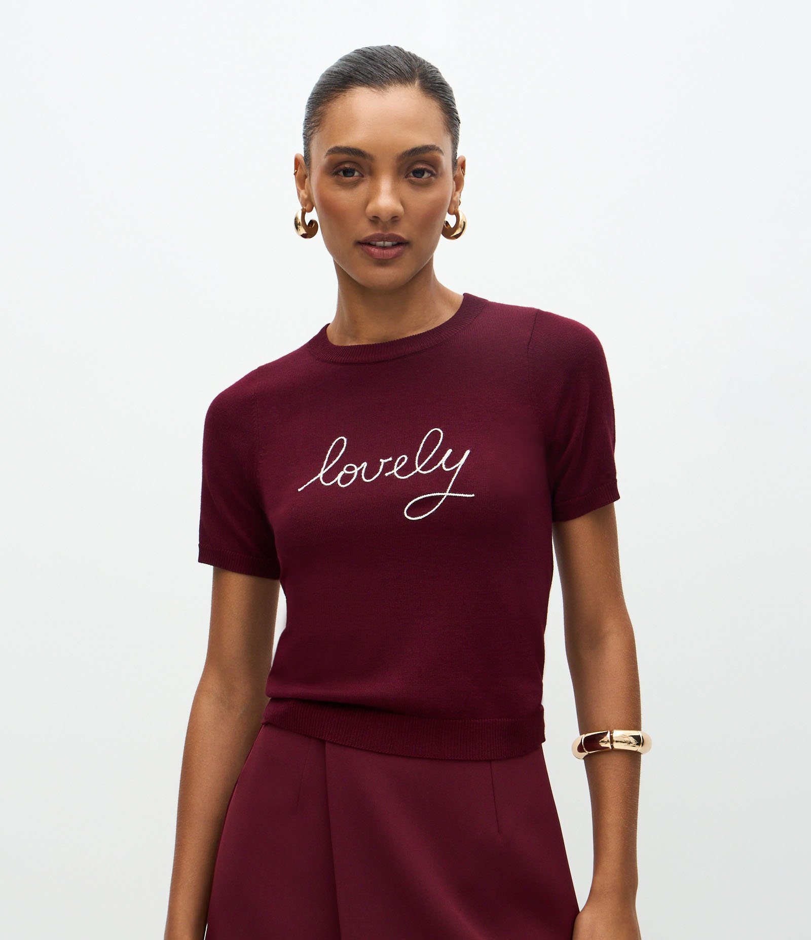 Blusa Manga Curta em Tricô com Bordado Lovely Vinho 1