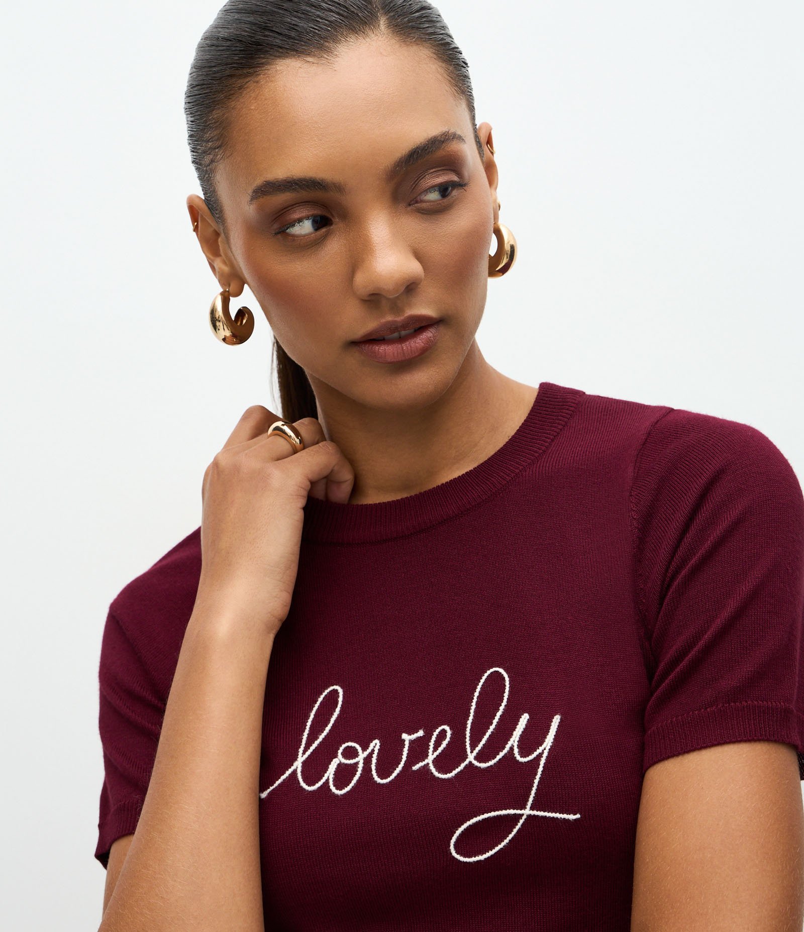 Blusa Manga Curta em Tricô com Bordado Lovely Vinho 3