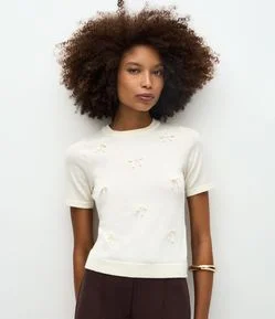 Blusa Manga Curta em Tricô com Laços Aplicados em Relevo