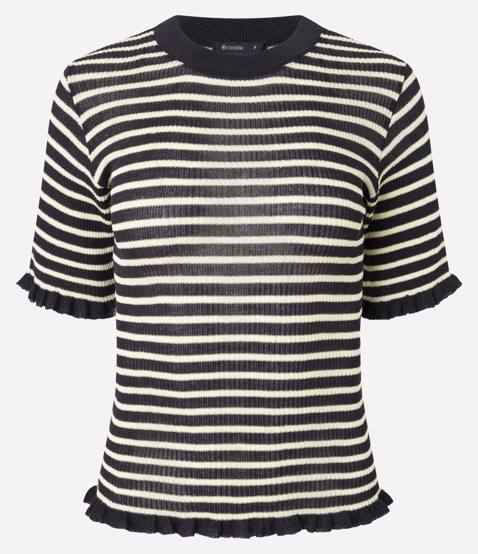 Blusa Ajustada em Tricô com Frufrus e Estampa de Listras Branco/Marrom 1