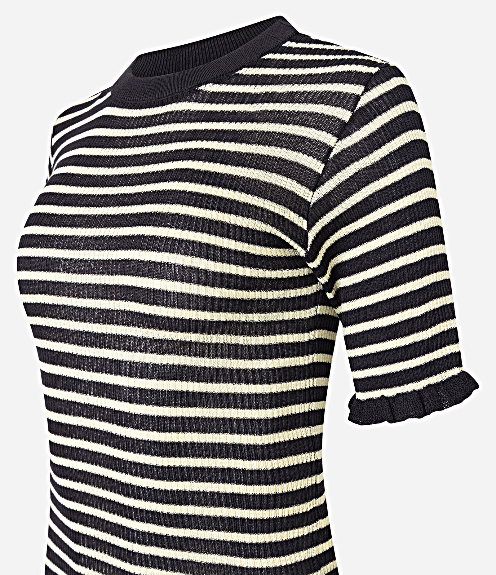 Blusa Ajustada em Tricô com Frufrus e Estampa de Listras Branco/Marrom 2