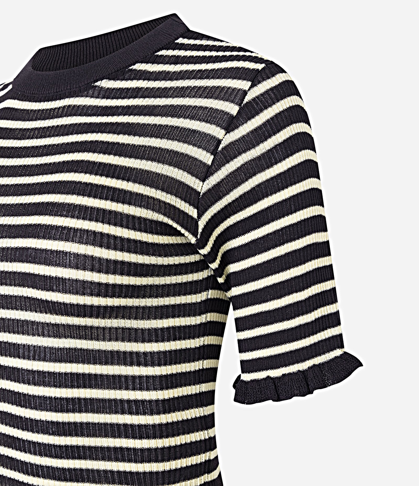 Blusa Ajustada em Tricô com Frufrus e Estampa de Listras Branco/Marrom 3