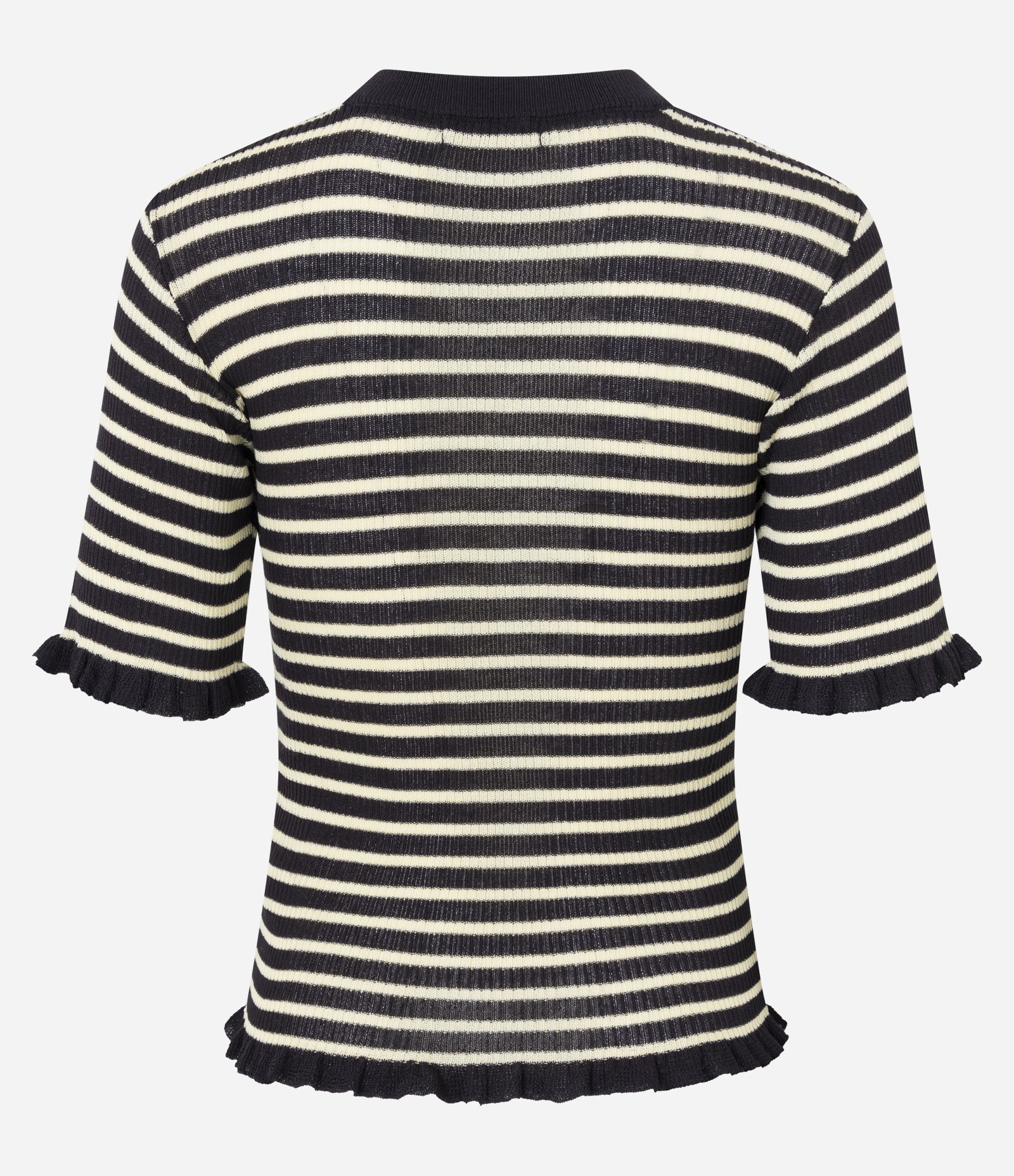 Blusa Ajustada em Tricô com Frufrus e Estampa de Listras Branco/Marrom 4