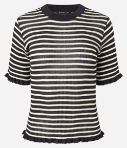 Blusa Ajustada em Tricô com Frufrus e Estampa de Listras