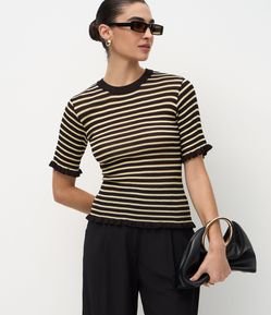 Blusa Ajustada em Tricô com Frufrus e Estampa de Listras