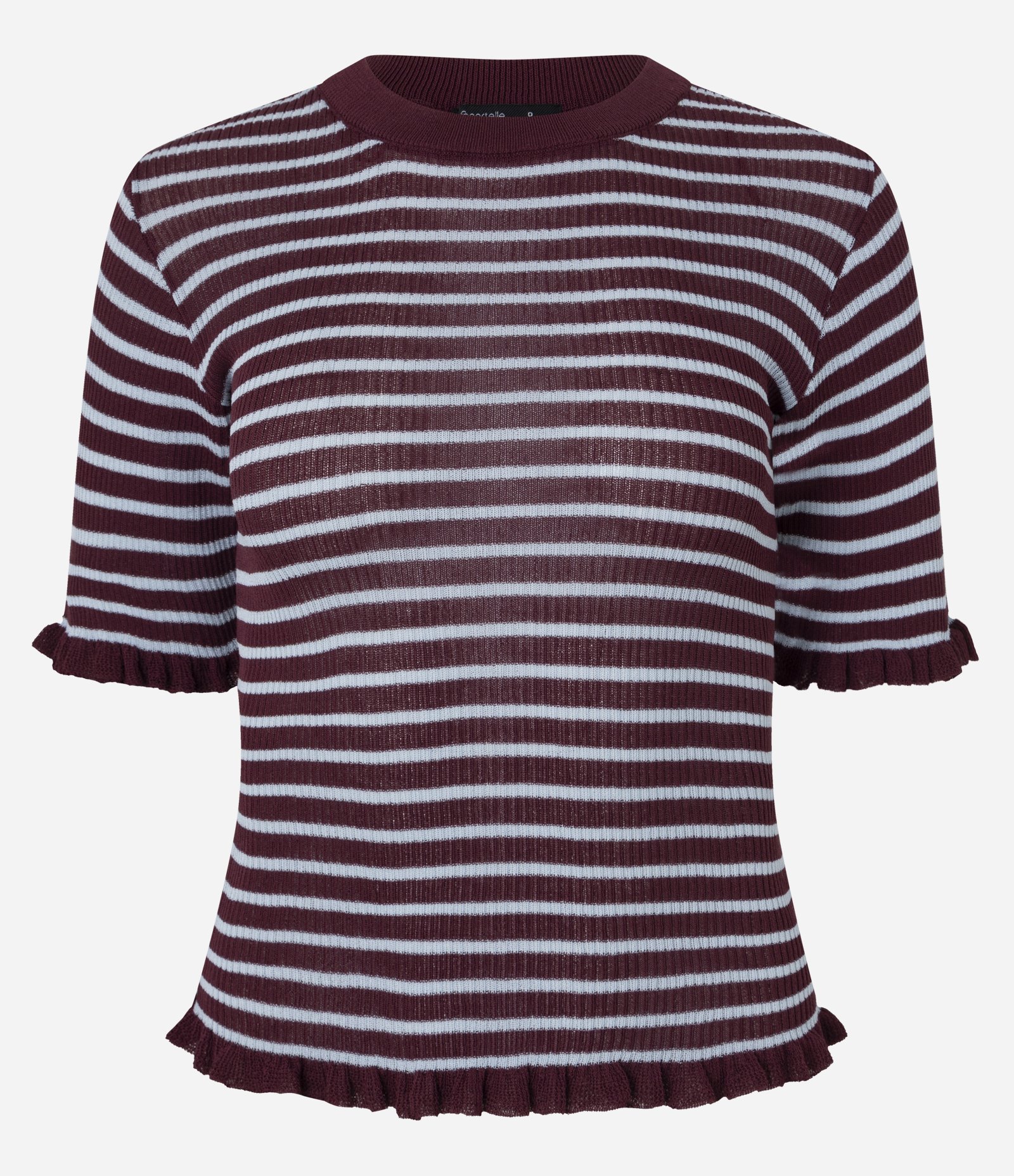 Blusa Ajustada em Tricô com Frufrus e Estampa de Listras Roxo 1