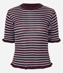 Blusa Ajustada em Tricô com Frufrus e Estampa de Listras