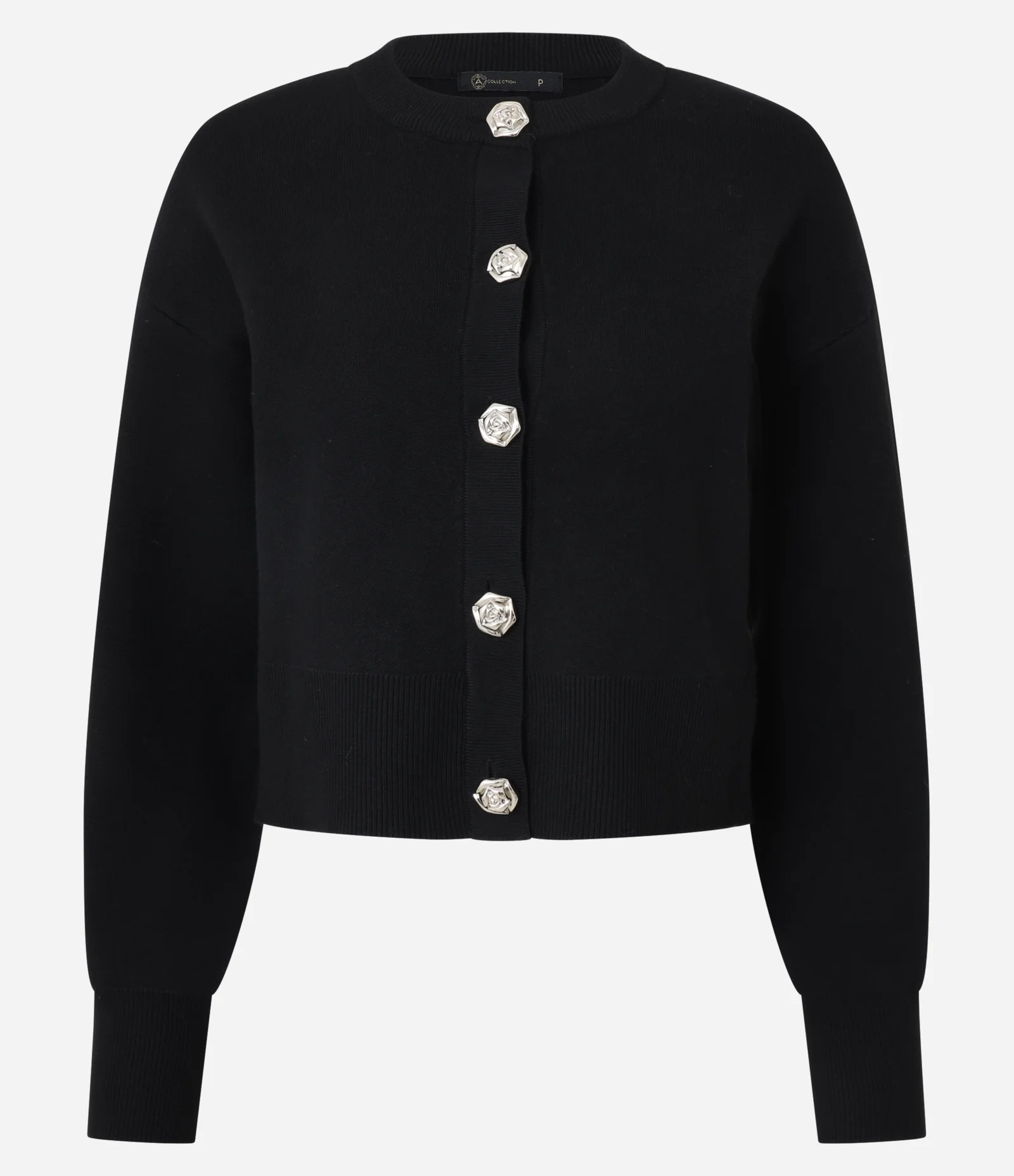 Cardigan em Efeito Tricô com Botões Florais Preto 4