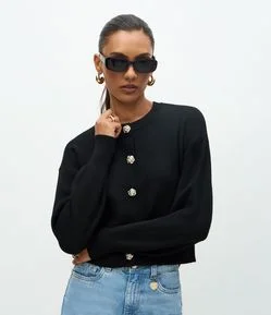 Cardigan em Efeito Tricô com Botões Florais