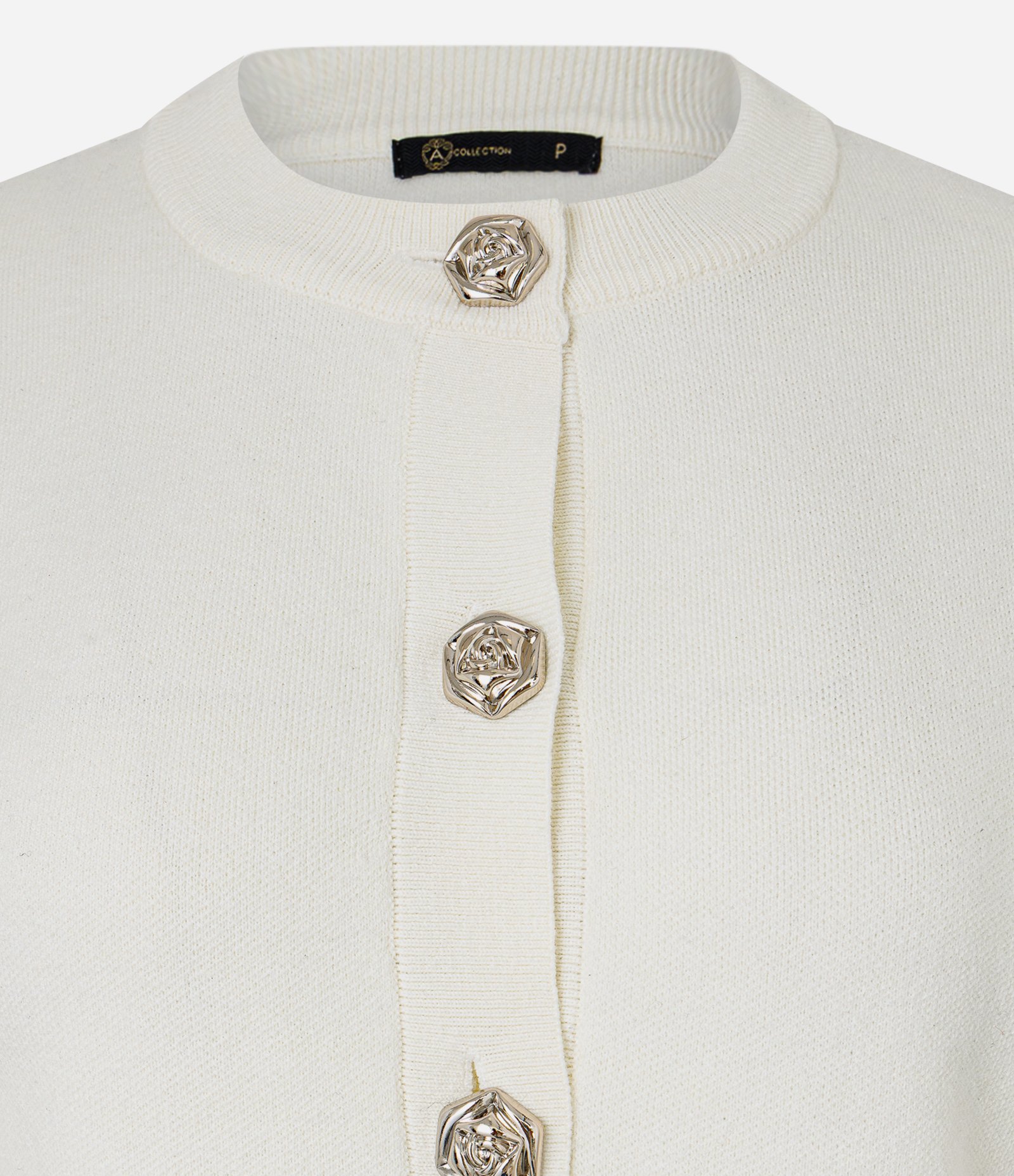 Cardigan em Efeito Tricô com Botões Florais Off White 6