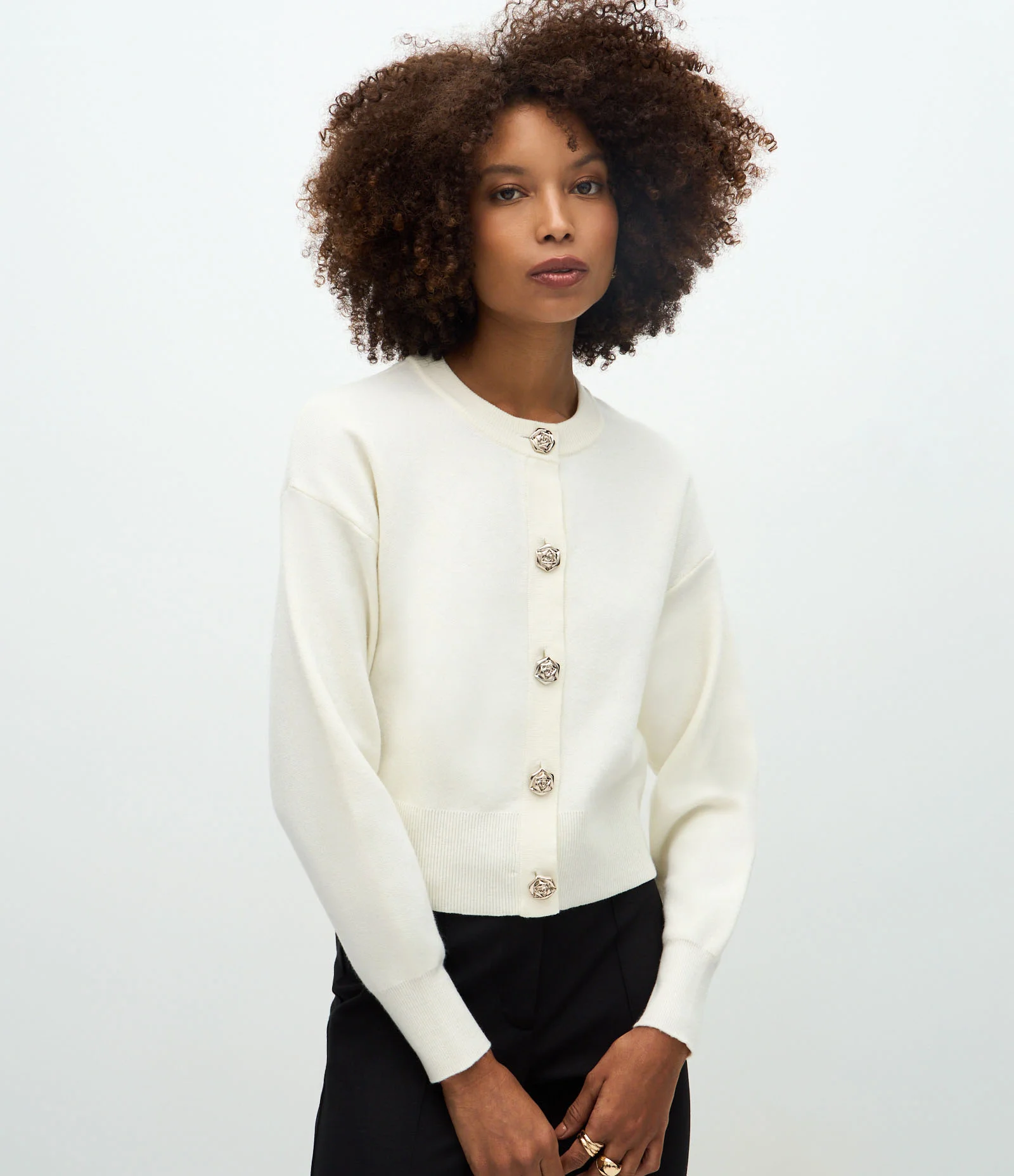 Cardigan em Efeito Tricô com Botões Florais Off White 1