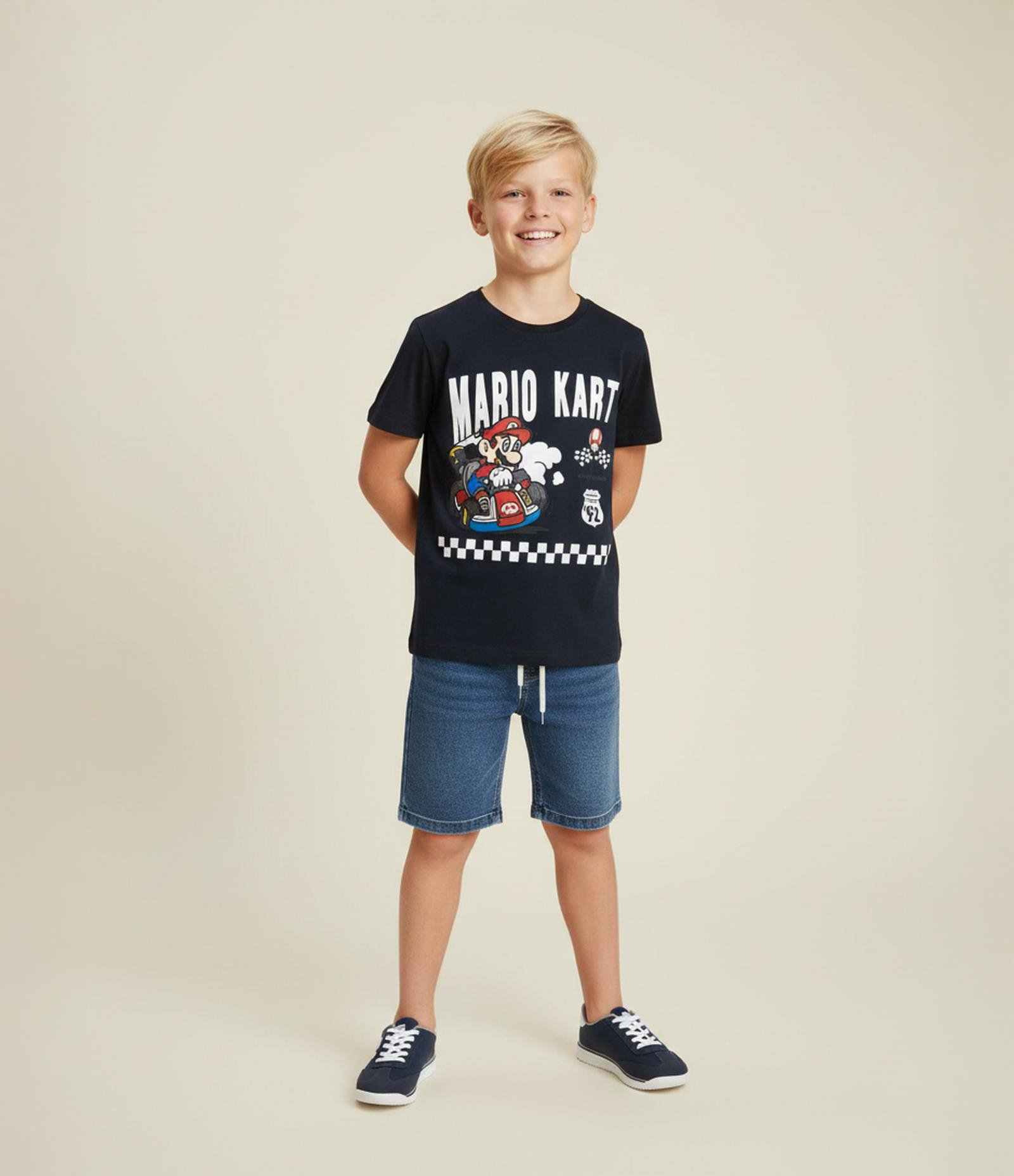 Camiseta Infantil com Estampa Corrida Mario Kart Speed Trial -Tam 4 a 10 anos Azul Escuro 1