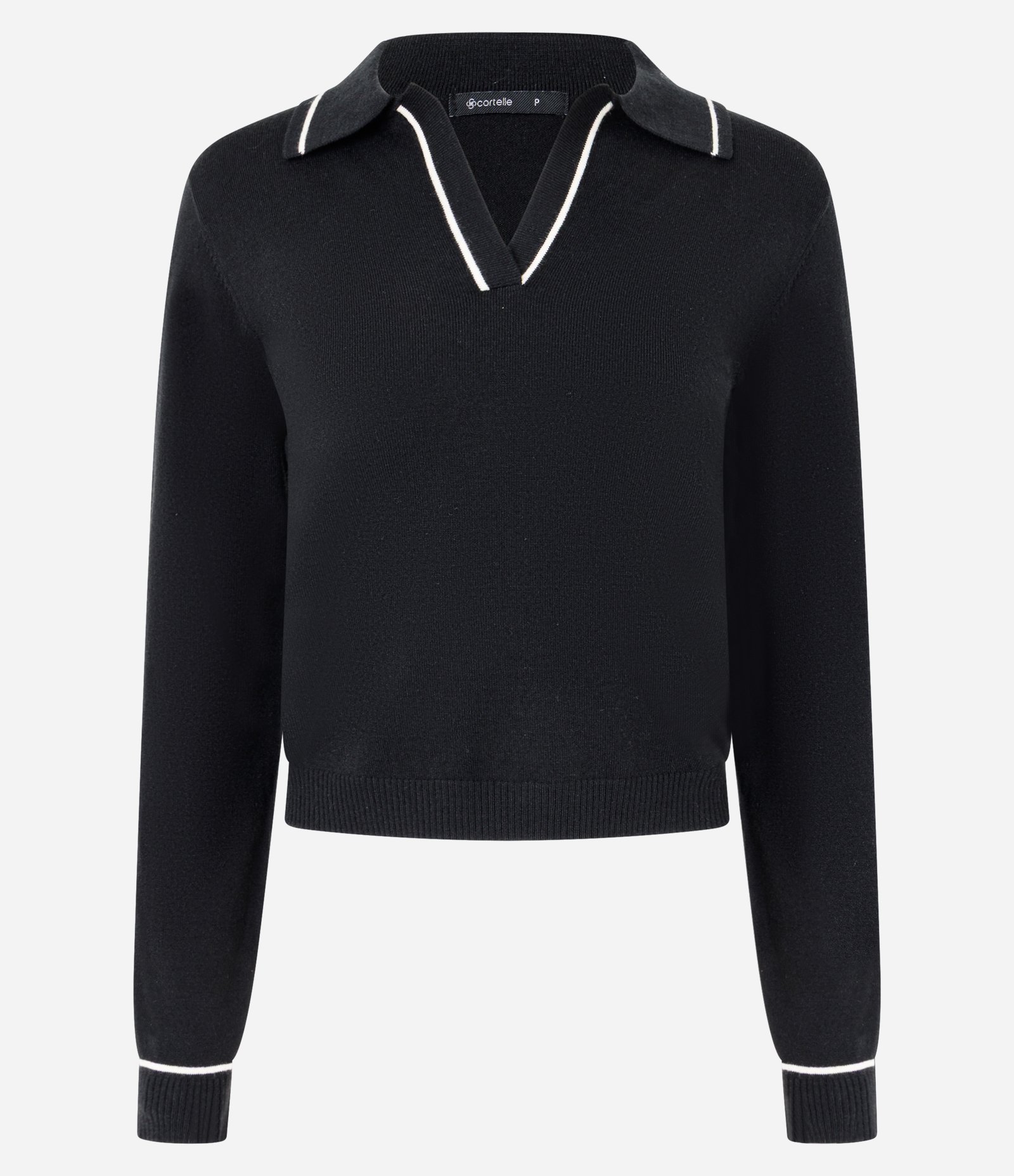 Blusa Polo em Tricô com Manga Longa e Viés Contrastantes Preto 4