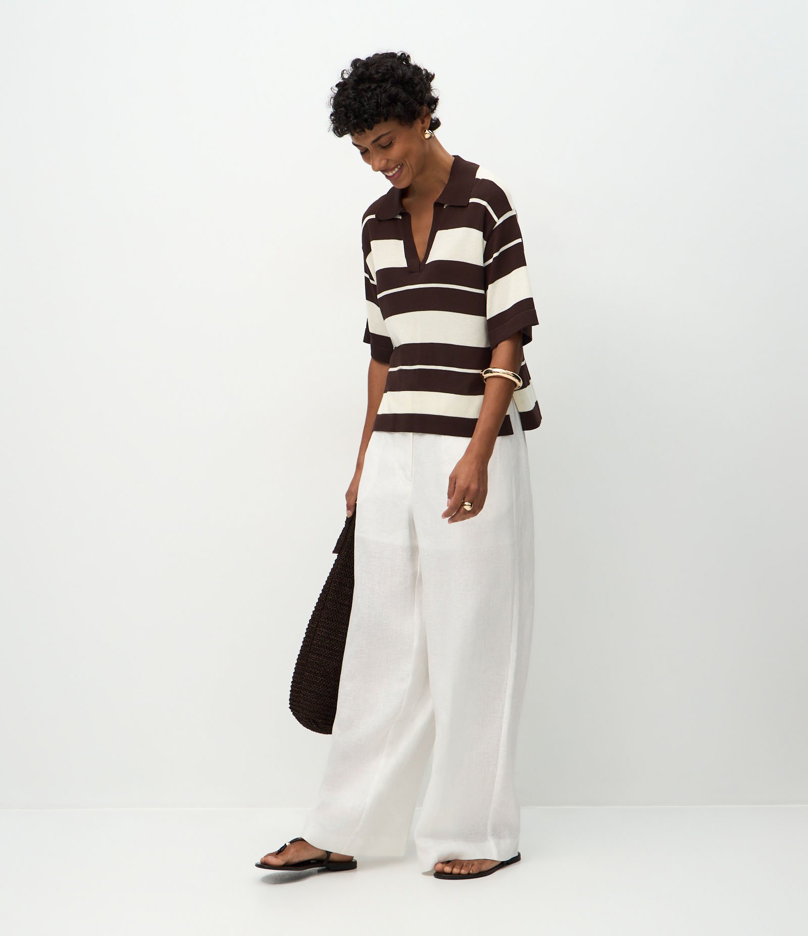 Blusa em Tricô com Gola Polo e Estampa Listrada Branco/Marrom 2