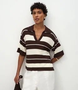 Blusa em Tricô com Gola Polo e Estampa Listrada