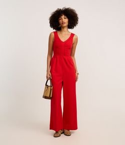 Macacão Longo em Sarja com Detalhe Entremeio