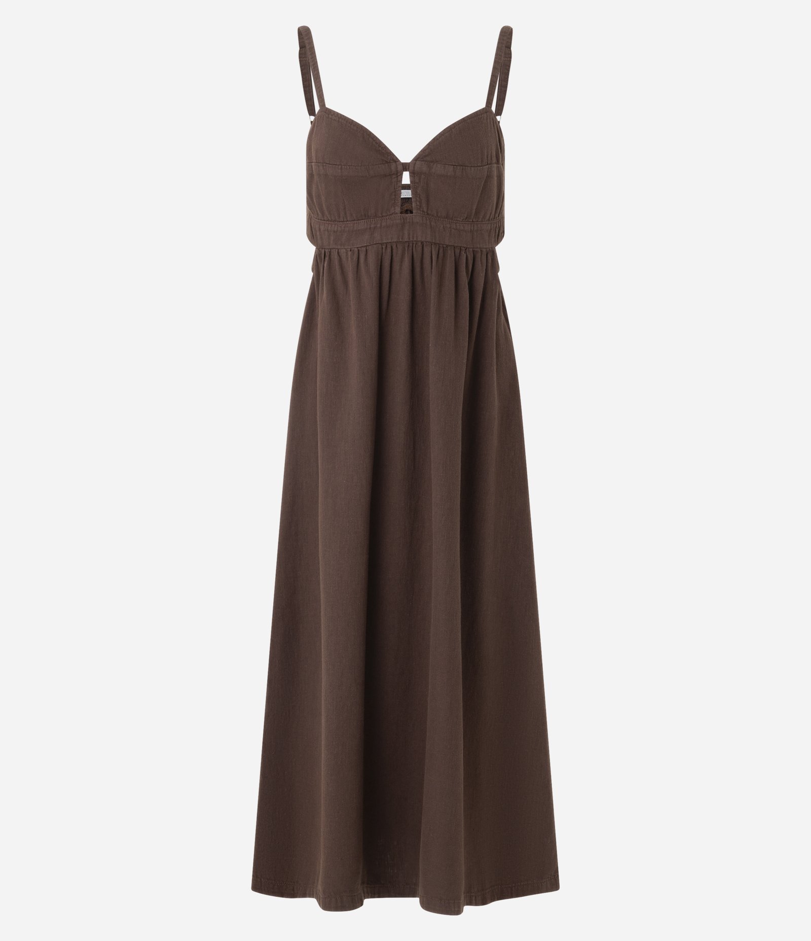 Vestido Midi em Sarja com Decote Coração e Vazados Marrom 1