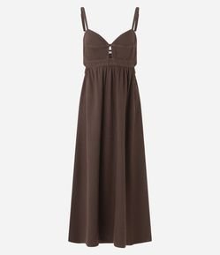 Vestido Midi em Sarja com Decote Coração e Vazados