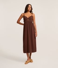 Vestido Midi em Sarja com Decote Coração e Vazados