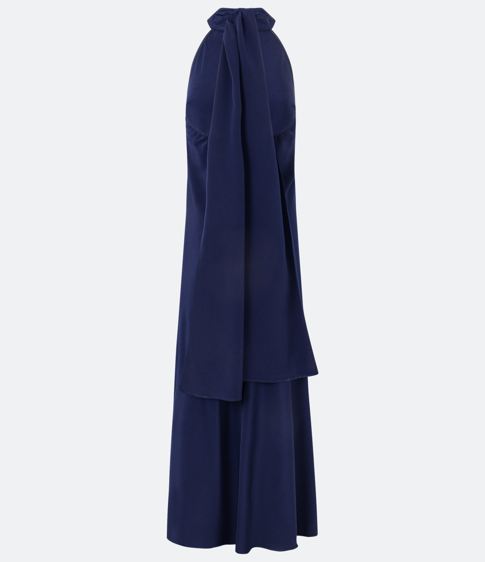 Vestido Longo Frente Única em Cetim com Amarração Azul Marinho 9