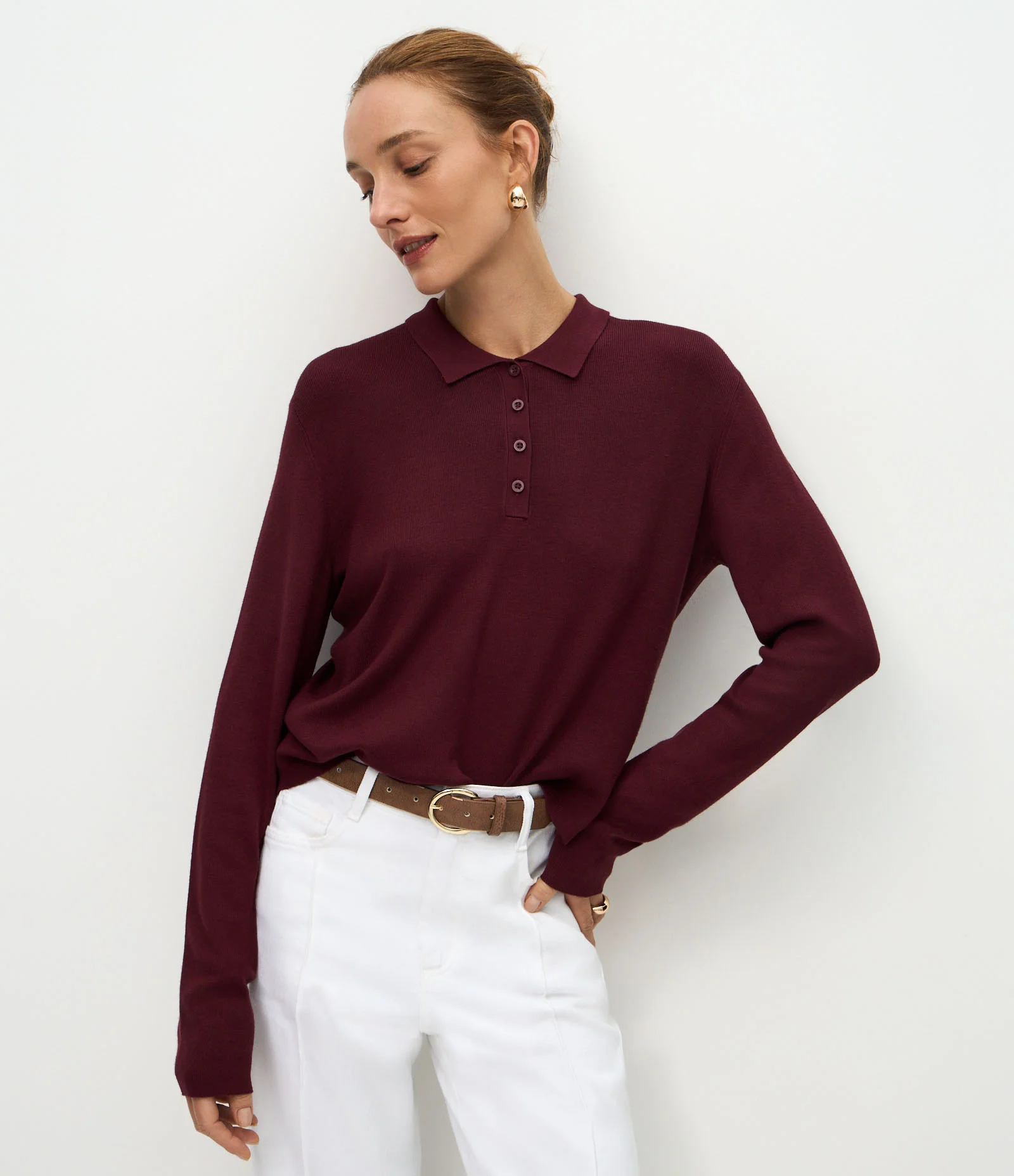 Blusa Manga Longa em Tricô com Gola Polo Vinho 1