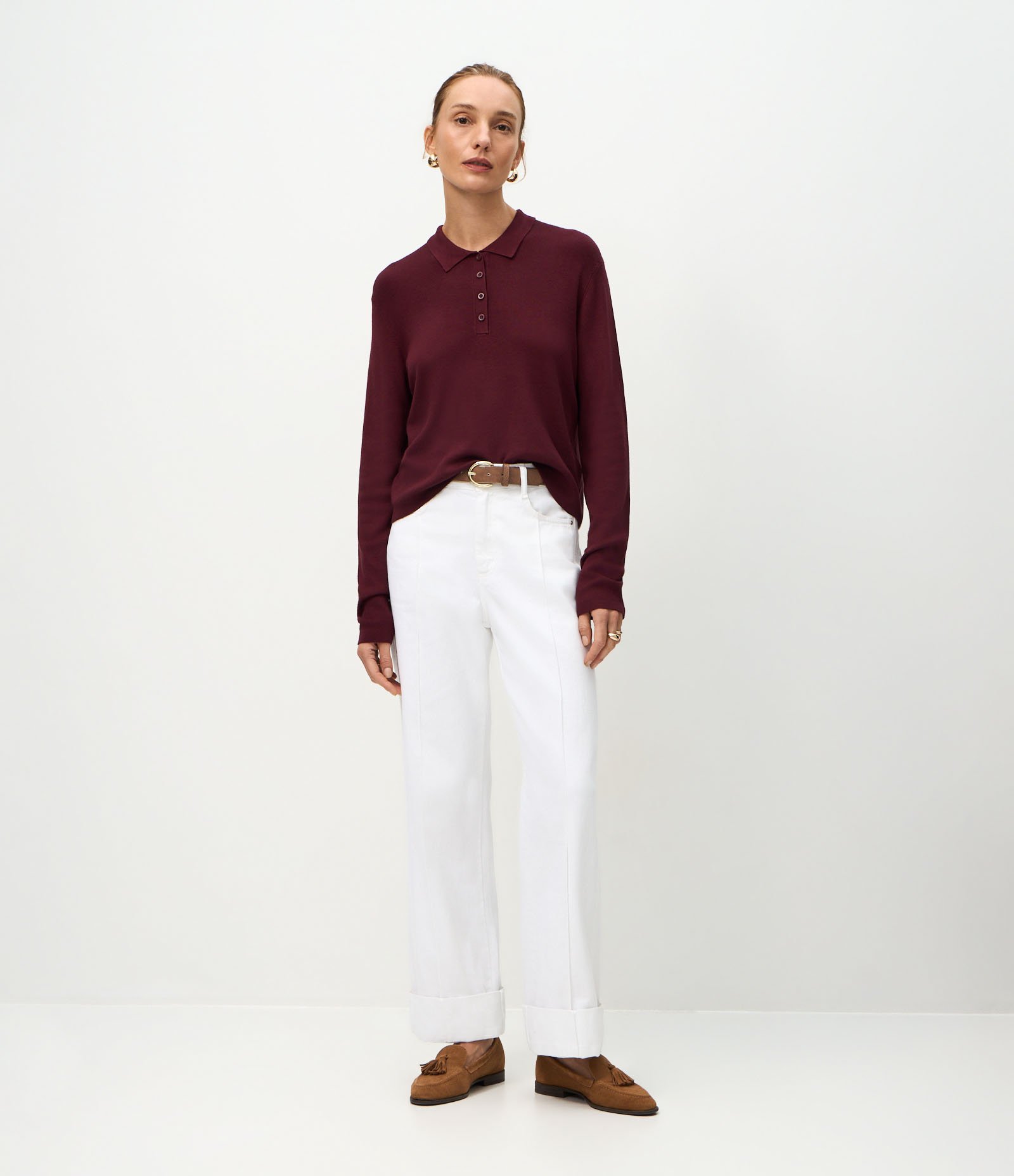 Blusa Manga Longa em Tricô com Gola Polo Vinho 2