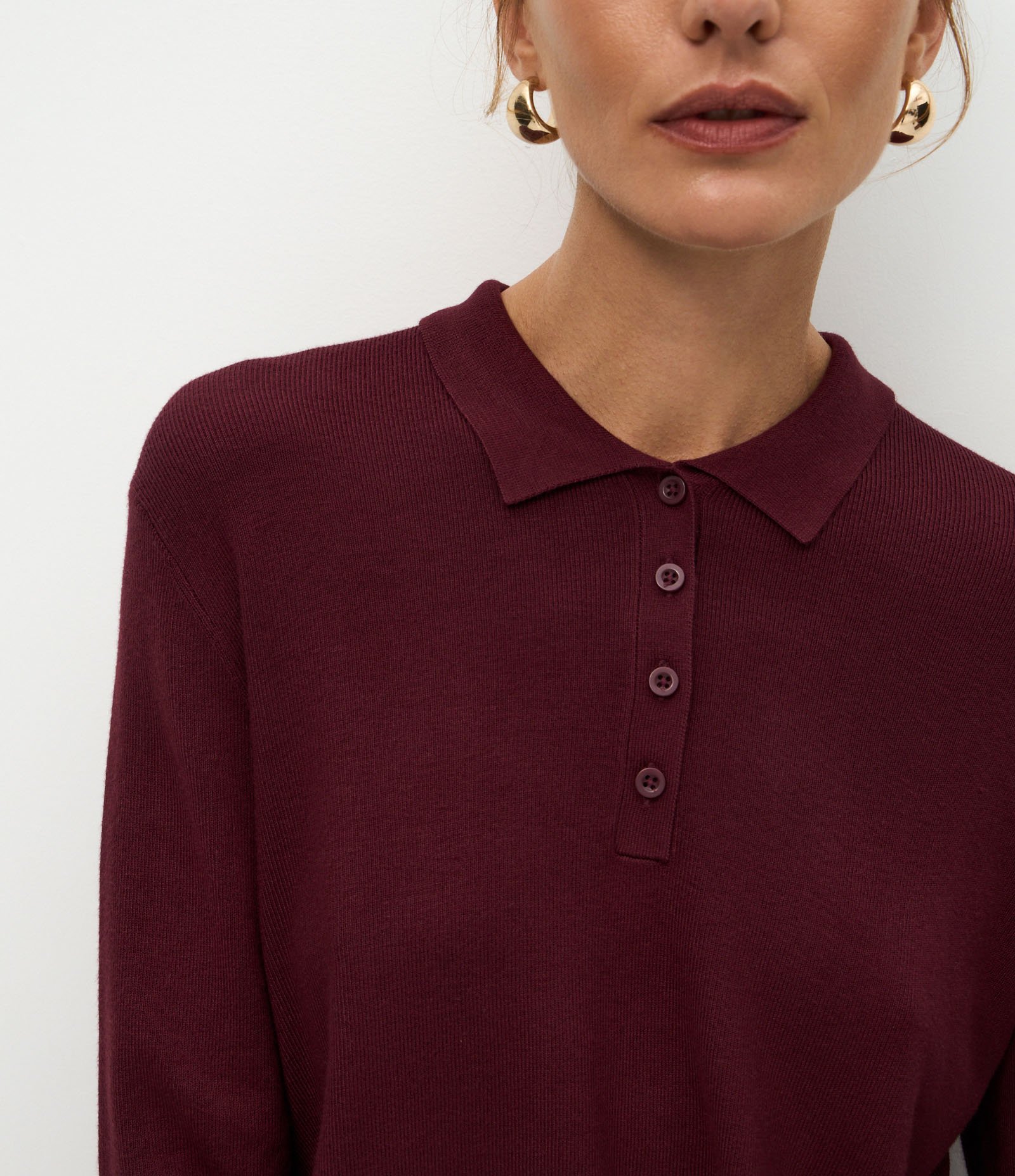 Blusa Manga Longa em Tricô com Gola Polo Vinho 4
