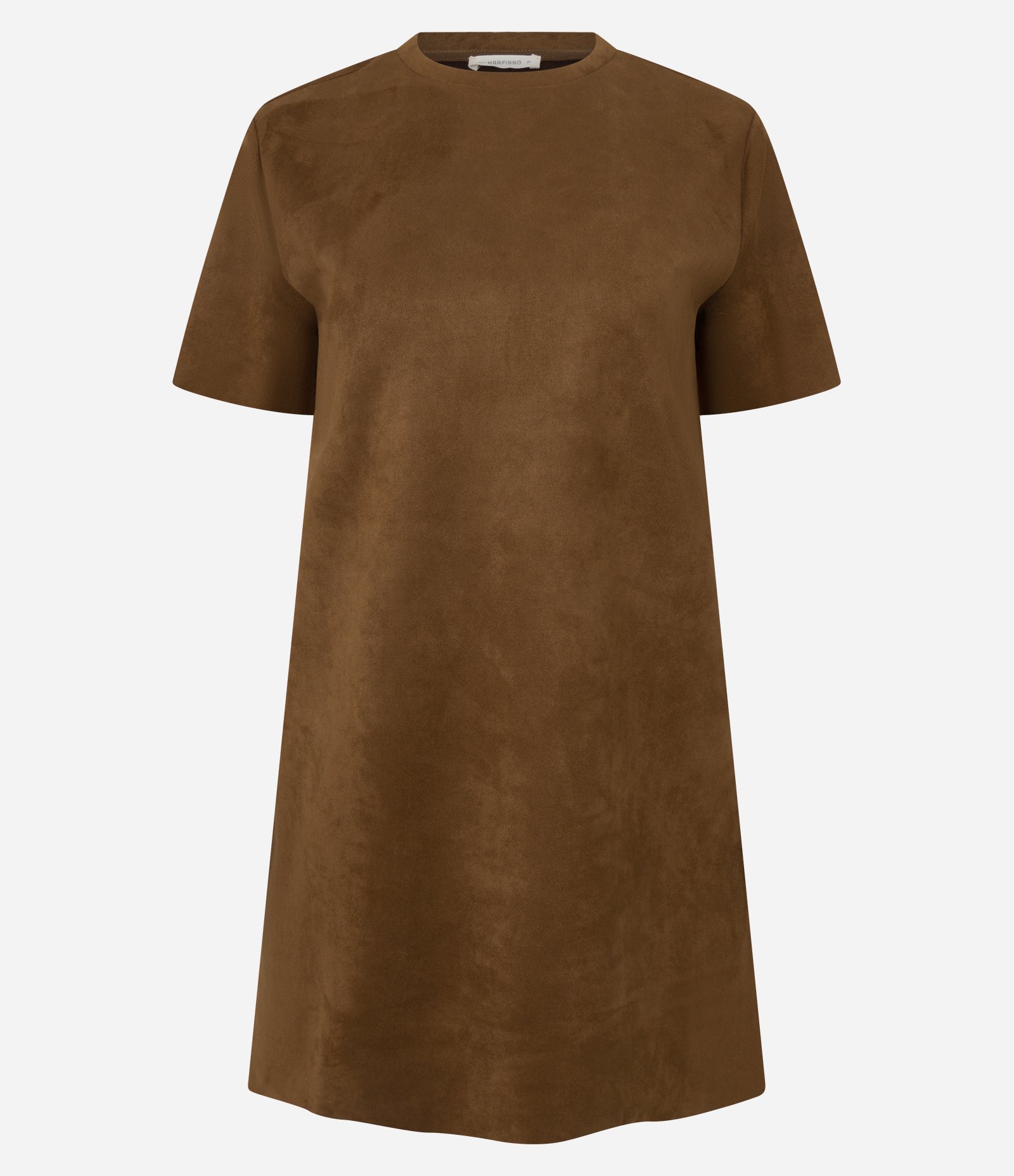 Vestido Curto Reto em Suede com Gola Redonda Marrom 1