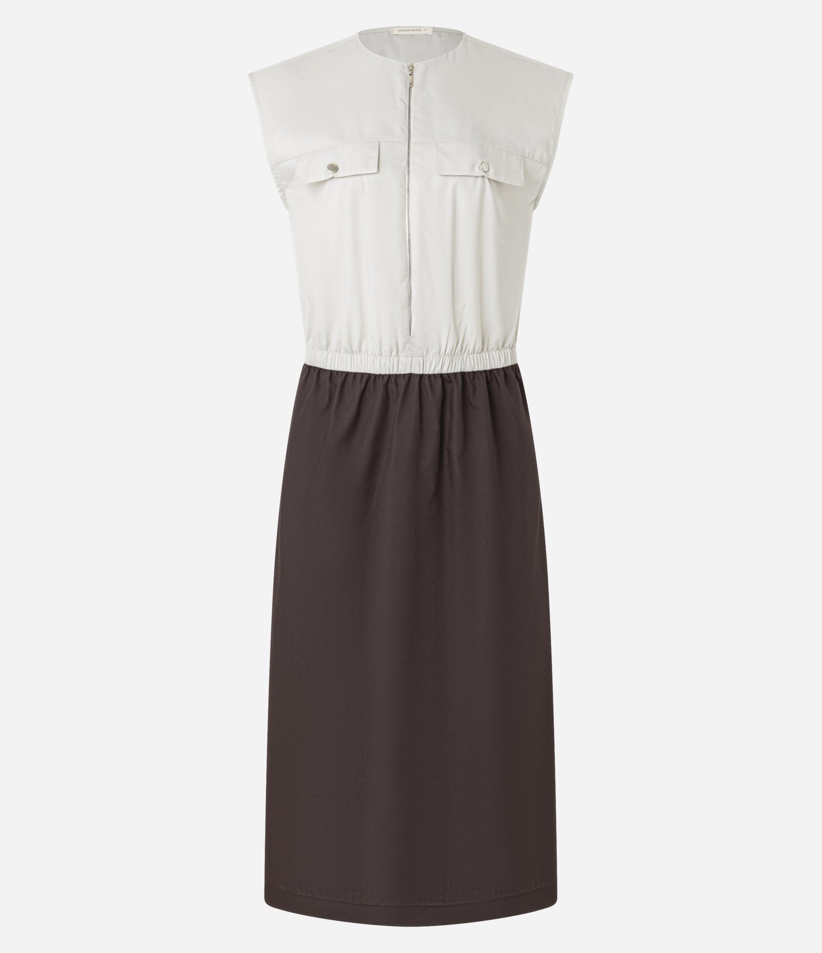 Vestido Midi em Alfaiataria com Zíper e Sem Manga Bicolor Marrom/ Off White 5