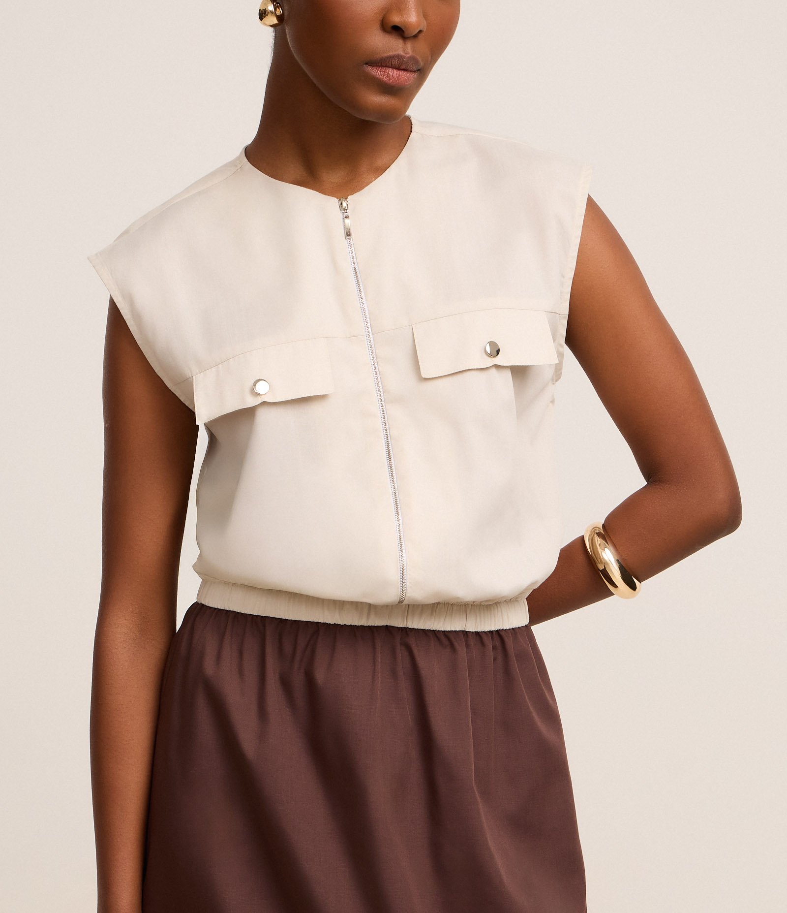 Vestido Midi em Alfaiataria com Zíper e Sem Manga Bicolor Marrom/ Off White 3